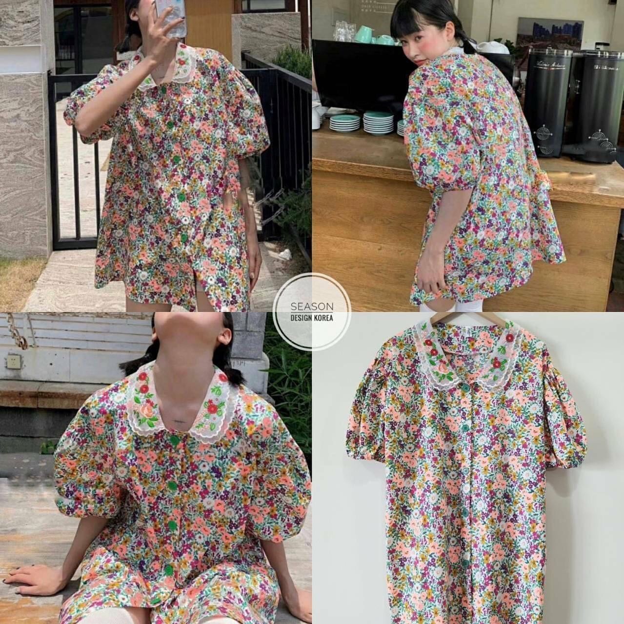 Minidress ลายดอกไม้ ผ้าดี คอปกแต่งปัก ลายดอกสวย กระดุมหน้าเรียงยาว แขนตุ๊กตา แบบน่ารัก งานทรงปล่อย สินค้าคุณภาพ (พร้อมส่ง)