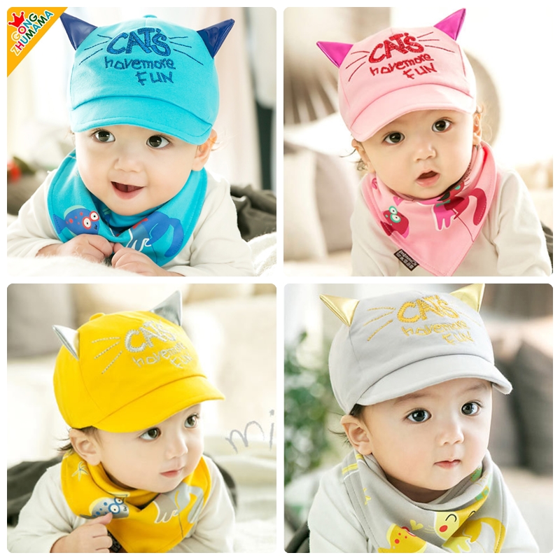 Set หมวก+ผ้ากันเปื้อน เด็กเล็ก 6-24 เดือน หมวกแมวน่ารักกับผ้ากันเปื้อนสามเหลี่ยมสไตล์เกาหลี Cat Have More Fun