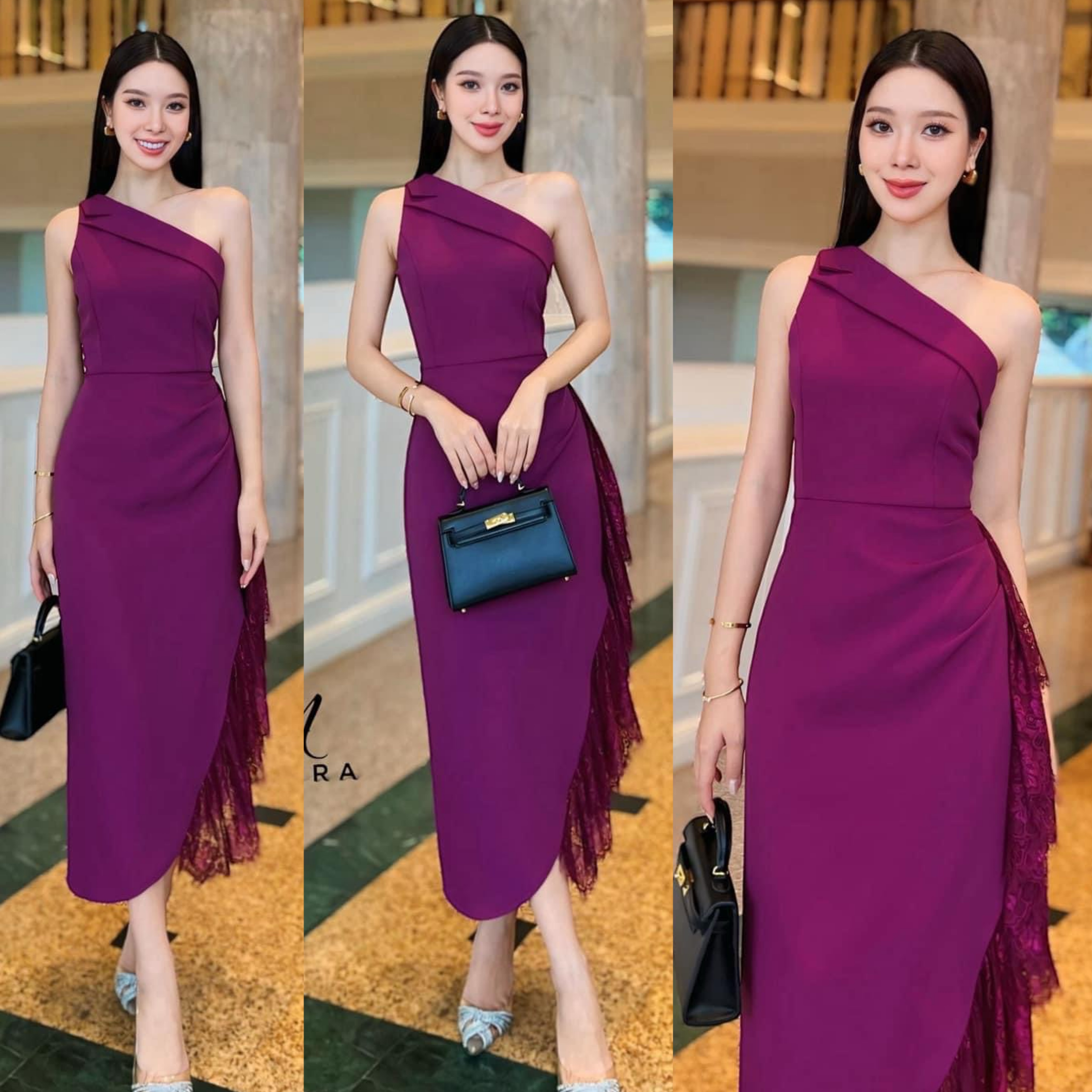 เดรสดีไซน์ไหล่เฉียง ช ตัวเดรส ใช้เนื้อผ้าเกรดพรีเมี่ยมทั้งตัว ดีไซน์กระโปรงทรง สอบตกแต่งระบายด้วยผ้าลูกไม้ไล่ระดับด้านข้าง งานมีซับใน ซิปหลัง ใส่สบาย : สินค้าคุณภาพ (พร้อมส่ง)