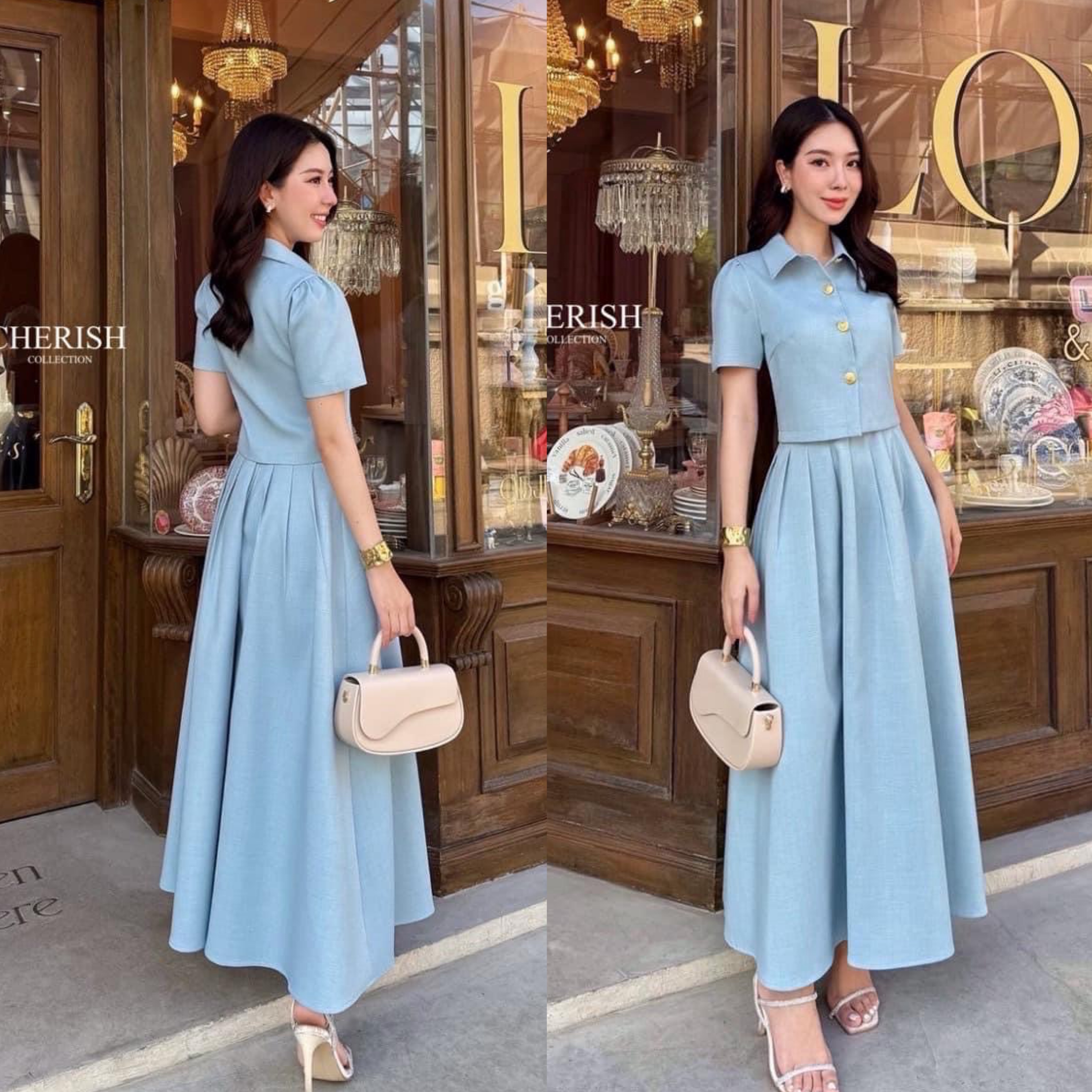 Set สุดน่ารัก ตัวเสื้อเป็นครอปตัวยาวคอปก ตกแต่งกระดุมทองมาพร้อมกระโปรงตัวยาวจับจีบใส่คู่กันแล้วน่ารักสุดๆไปเลยค่ะ ใส่สบาย : สินค้าคุณภาพ (พร้อมส่ง)