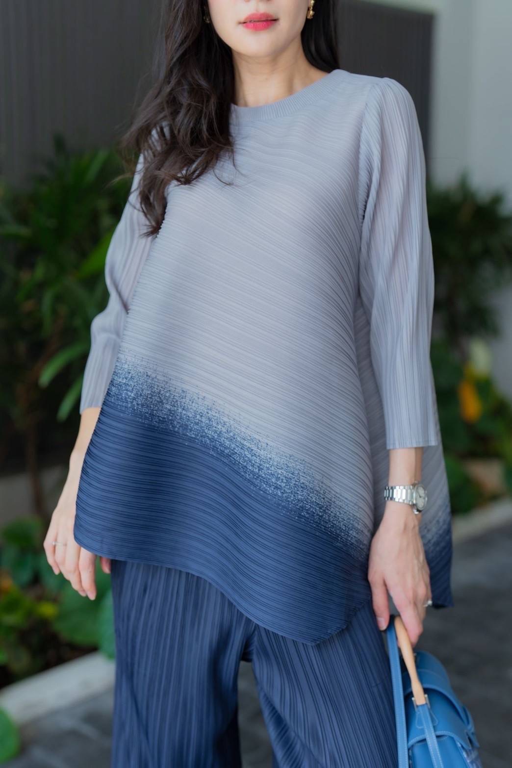 ชุดเซตผ้าอัดพลีทเนื้อดี แบบงาน Brand เสื้อแพตเทิร์น คอกลม แขนยาว ไล่เฉดสี+กางเกงเอวสมอค อัดพลีท งานพลีท เกรดPremium ใส่สบาย : สินค้าคุณภาพ (พร้อมส่ง)