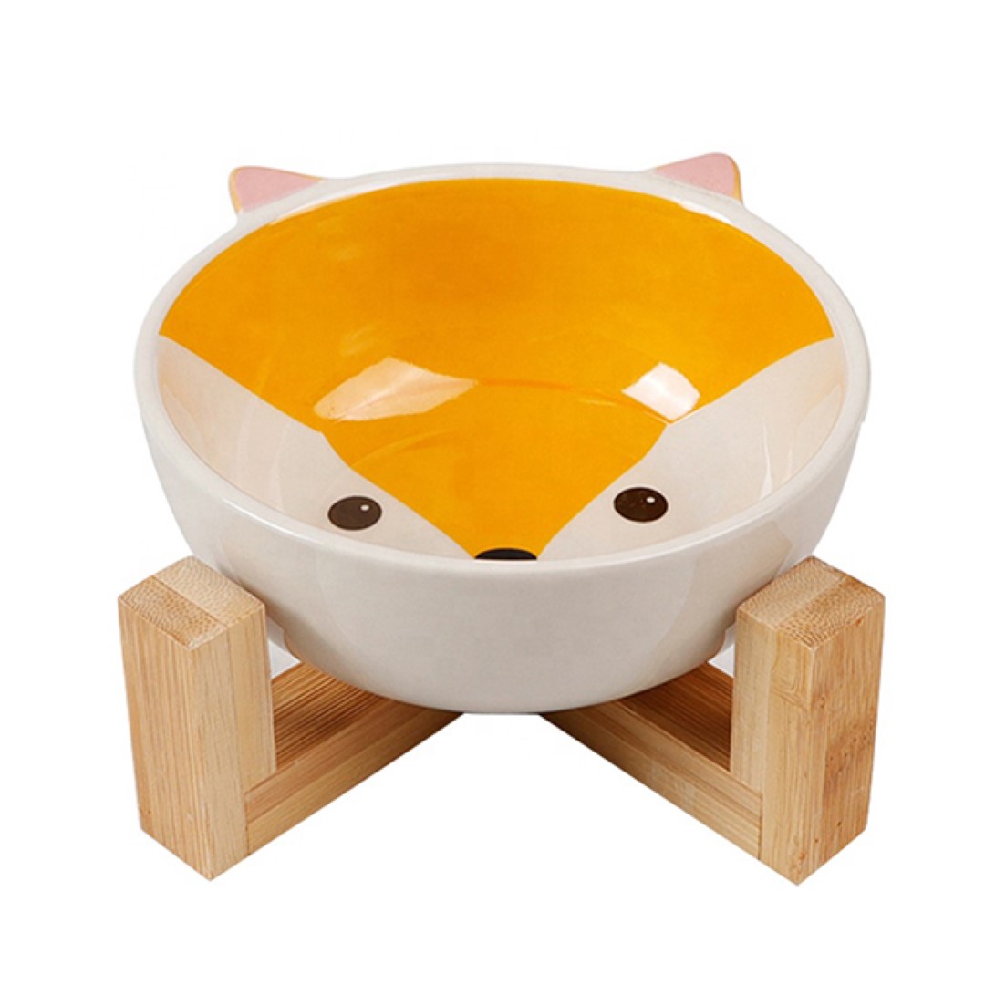 ชามเซรามิกสัตว์เลี้ยง Petsuka พร้อมฐานรองสไตล์ญี่ปุ่น สำหรับสุนัขและแมว รูปสุนัขจิ้งจอก