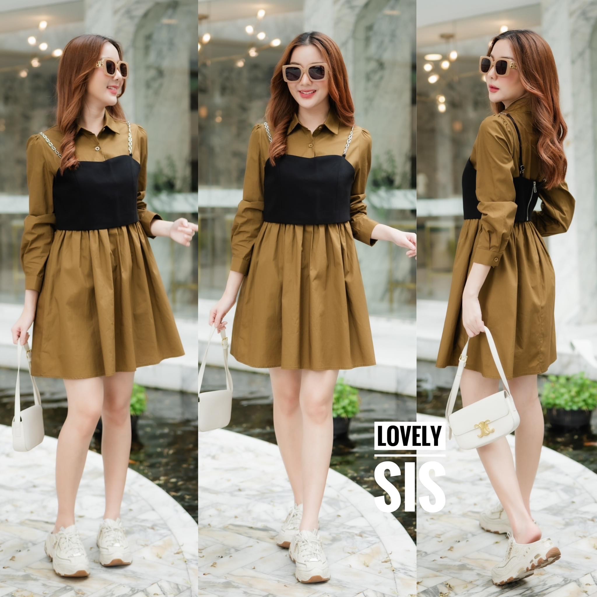 Set 2 pcs เดรสเชิ้ตแขนยาวแต่งกระดุมครึ่งตัว เอวสม็อค ผ้าคอตต้อนเนื้อดีมากค่ามาพร้อมเสื้อครอปสีดำสายโซ่ซิปหลัง ใส่สบาย สินค้าคุณภาพ (พร้อมส่ง)