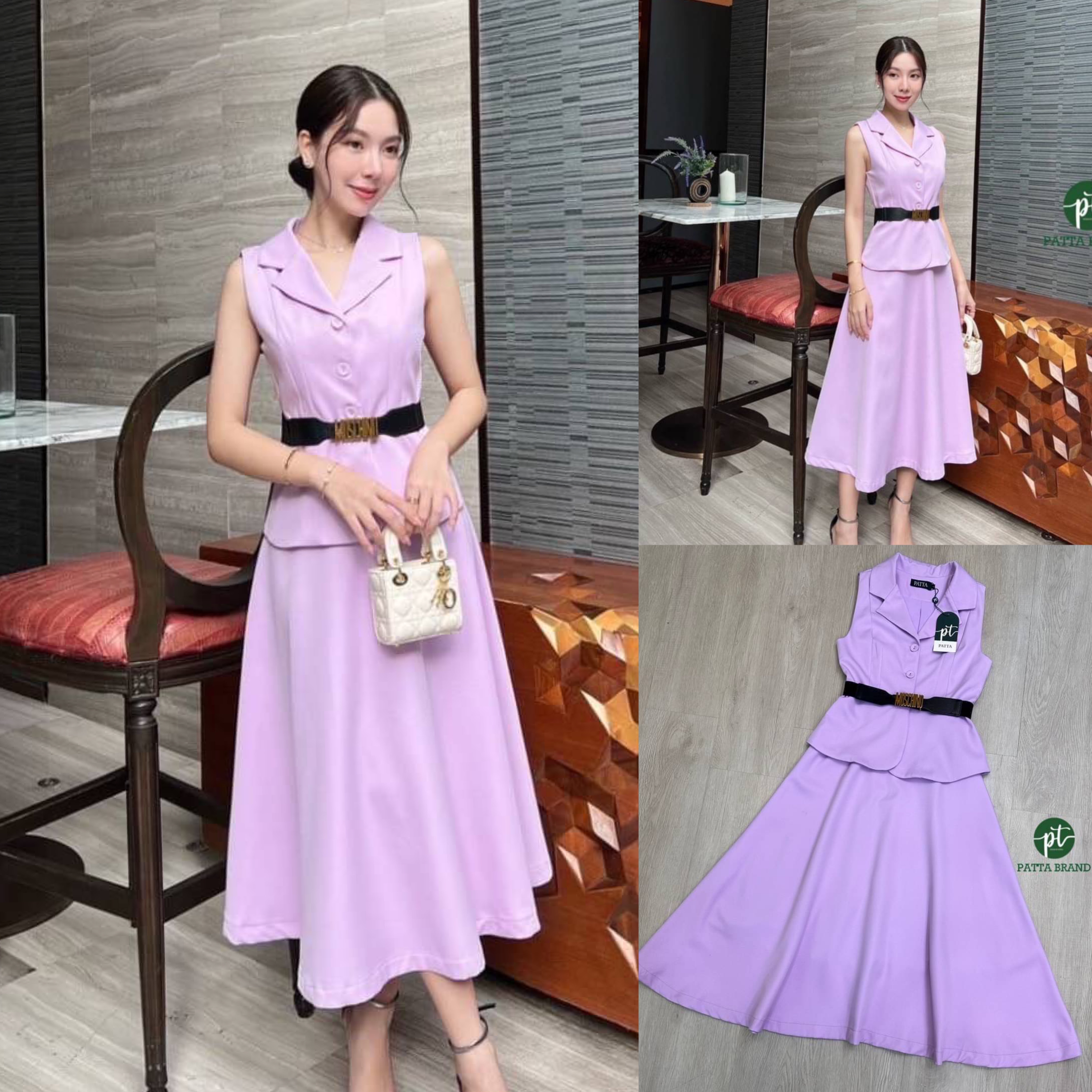 Set ชุด2ชิ้น เสื้อคอปกไล่ระดับแขนกุด +เข็มขัดหนังเย็บต่อยางยืดหัวทองอักษร(สายยืดได้ตามตัว)+กระโปรงทรงย้วย งานซิปหลังสวมใส่สบาย สินค้าคุณภาพ (พร้อมส่ง)