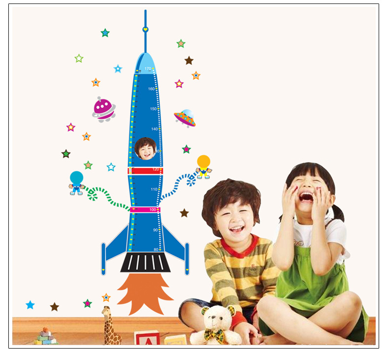 สติกเกอร์แต่งห้อง DIY ลายจรวดวัดส่วนสูง ใส่รูปใบหน้าได้ ลอกออกแล้วติดซ้ำได้
