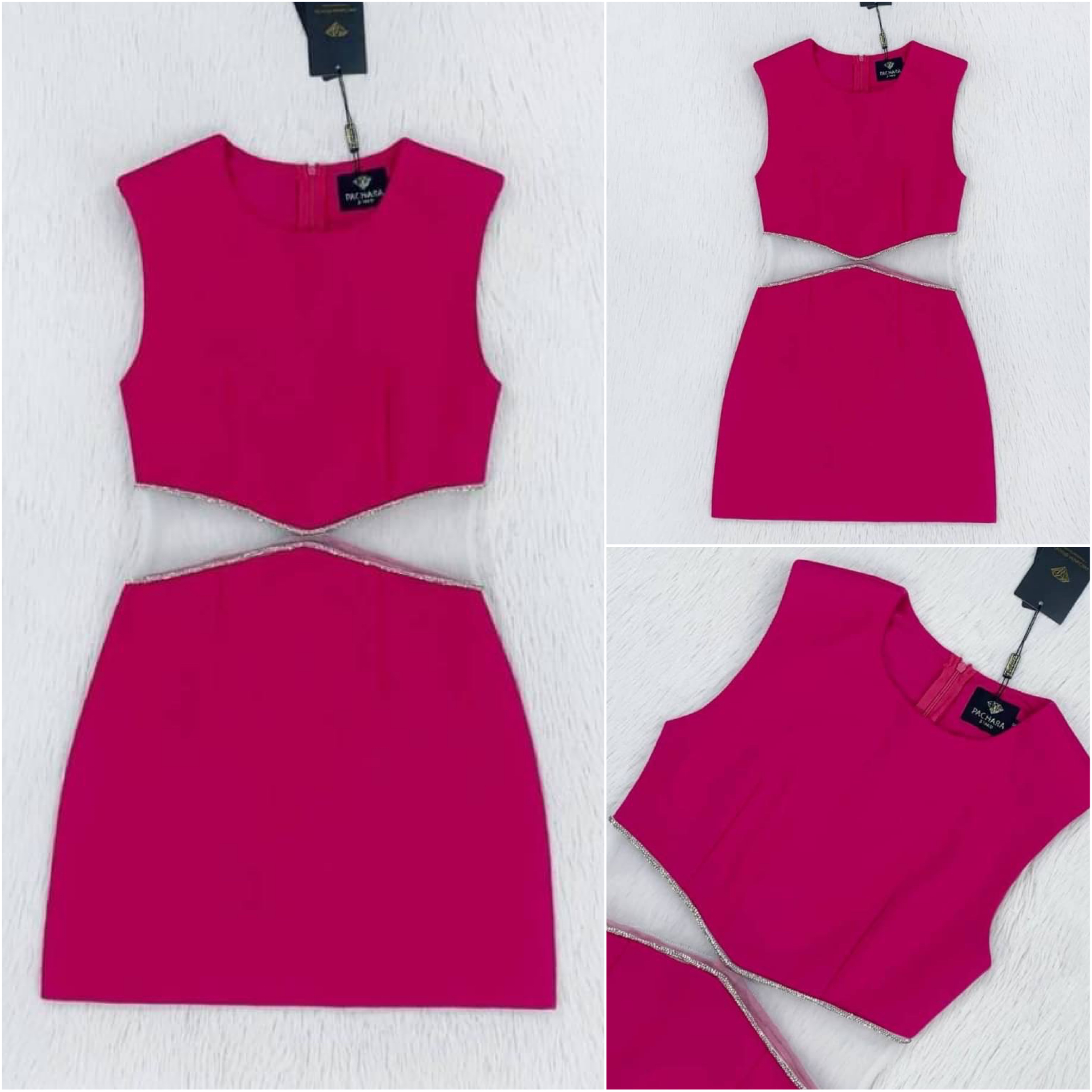 เดรสสั้นแขนกุด. ทรงเข้ารูป ช่วงเอวเว้าตัดต่อผ้าซีทรู ติดเพชรวิบวับสวยมาก สินค้าคุณภาพ (พร้อมส่ง)