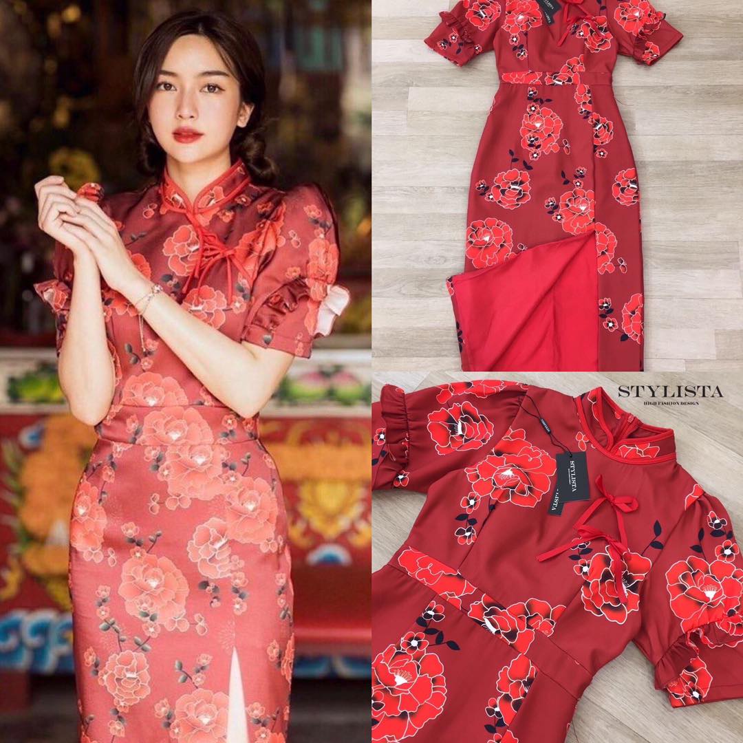 เดรสกี่เพ้าลายดอกไม้ สีแดงสวย เฮงๆๆ ใส่สวยเรียบหรูดูแพง คัตติ้งสวยเปะ ตัดเย็บจากผ้าเนื้อดี ดูดีเหมือนดาราเซเลป เลยค่ะ สวยเปะเวอร์ สินค้าคุณภาพ (พร้อมส่ง)
