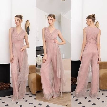 จั๊มสูทเสื้อคอป้ายแขนกุด กางเกงขาตรงจับจีบ แต่งชายระบายด้านข้าง ใส่สบาย : สินค้าคุณภาพ (พร้อมส่ง)