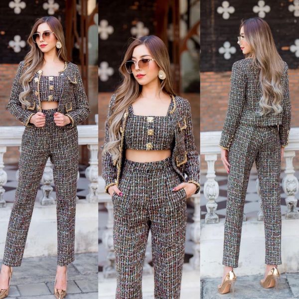 เซตผ้าทวีต 3 ชิ้น เสื้อครอป+เสื้อคลุม+ กางเกง เนื้อผ้าทวีตเกรดเอ สินค้าคุณภาพ (พร้อมส่ง)