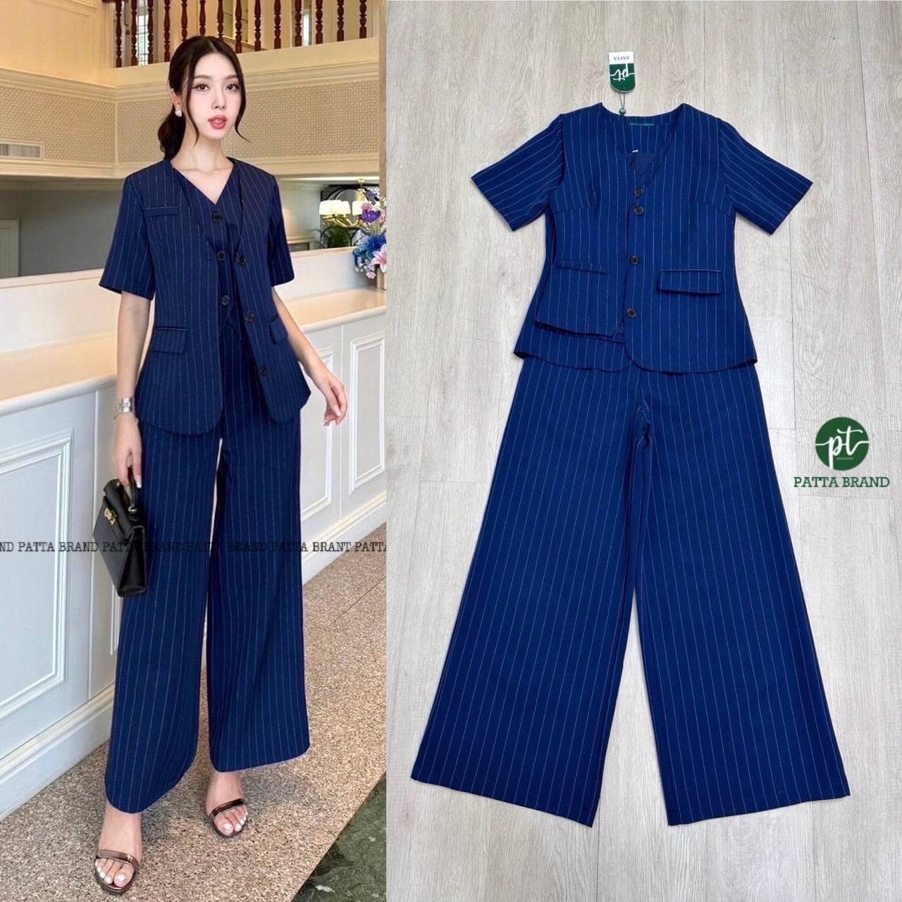 Set3ชิ้น สีกรมลายทาง เสื้อเบลเซอร์แขนสั้นมีกระดุมหน้าและมีกระเป๋าใช้งานได้จริง มาพร้อมเสื้อแขนกุดตัวในมีกระดุมเรียงยาว ใส่แม๊ทช์คู่กันลงตัวมากๆ และมาคู่กางเกงขายาวทรงกระบอกทรงสวย ใส่สบาย : สินค้าคุณภาพ (พร้อมส่ง)