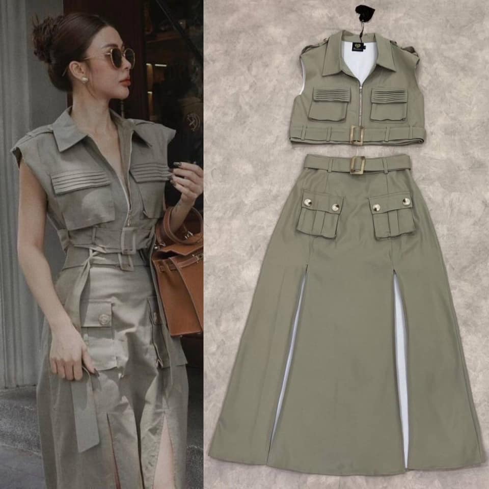 เซ็ตเสื้อกั๊กสีเขียว มาคู่กับกระโปรง ตัวยาวทรงผ่าหน้าสูงพร้อมเข็มขัดเข้าเซ็ต สวยเก๋มากใส่สบาย สินค้าคุณภาพ (พร้อมส่ง)