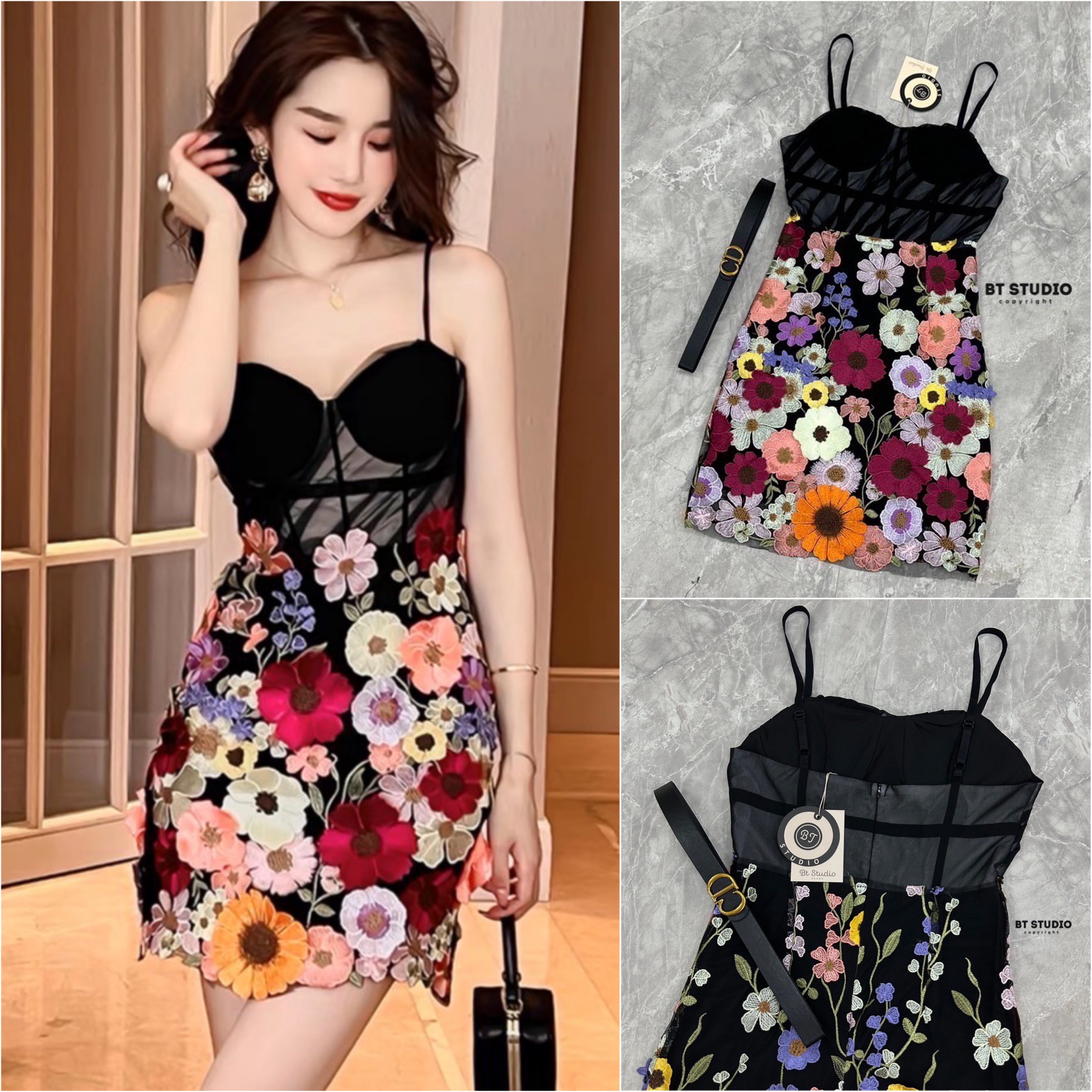 เซท 2 ชิ้น เดรสสายเดี่ยวสั้นช่วงบน แต่งซีทรูสีดำ อกเสริมฟองน้ำ มีซับช่วงอก กระโปรงแต่งปักลายดอกไม้สีสัน มาพร้อมเข็มขัดเส้นเล็กสวย สินค้าคุณภาพ (พร้อมส่ง)