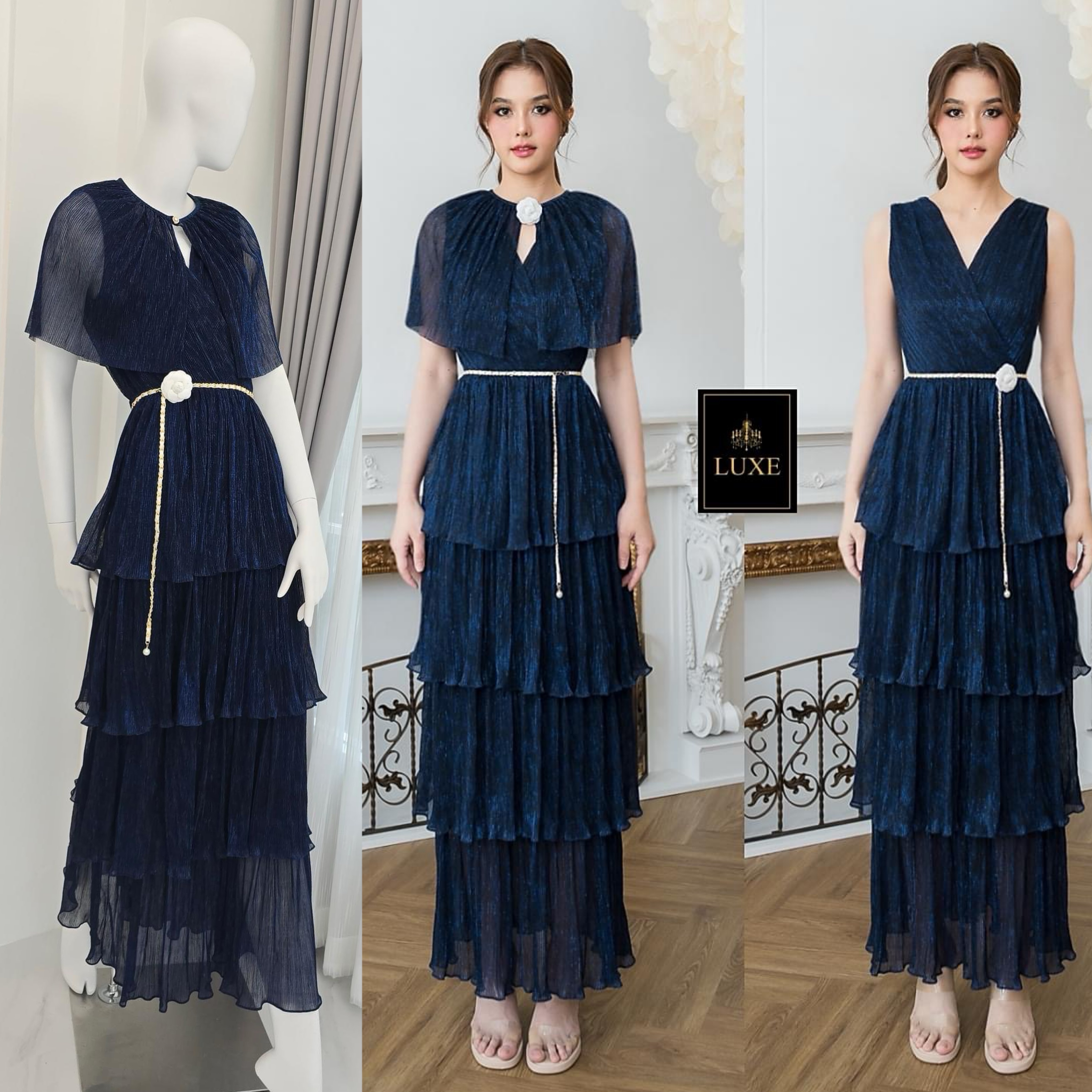 แม็กซี่เดรสคอวีป้ายแขนกุด มาพร้อม เสื้อคลุมติดกระดุมเปิดได้ กระโปรงบานจีบรูด ระบาย4ชั้น มาพร้อมโบว์สำหรับผูกเอว ทำจาก ผ้าราเม่ผสมดิ้นเมทัลลิค เนื้อนุ่มยืดหยุ่น มีซิป ซ่อนและซับในเต็มตัว ใส่สบาย : สินค้าคุณภาพ (พร้อมส่ง)