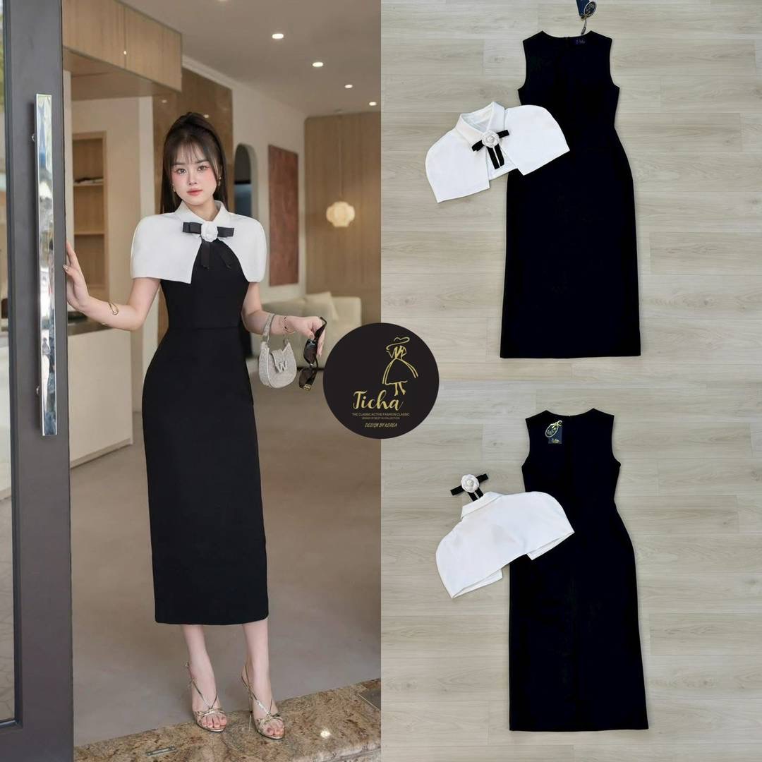 Set 2 ชิ้น เดรสยาวแขนกุดสีดำทรงเข้ารูป อกเสริมฟองน้ำ ซิปหลังช่อน มีชับในตัว มาพร้อมเสื้อคลุมไหล่สั้นสีขาวมีเข็มกลัดดอกไม้สีขาวตกแต่งด้วยริบบิ้นสีดำ ใส่สบาย : สินค้าคุณภาพ (พร้อมส่ง)