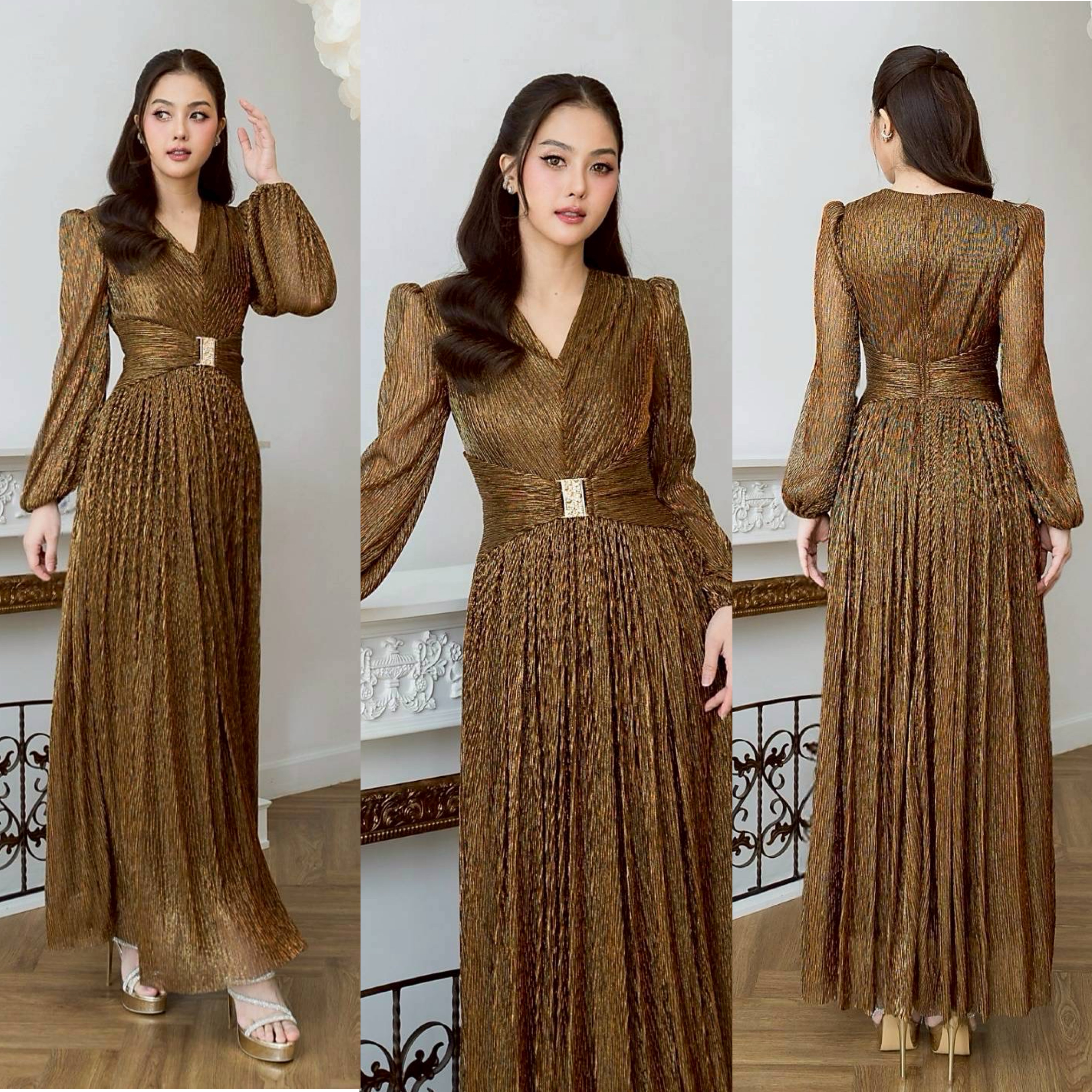 แม็กซี่เดรสเสื้อคอวีแขนยาว กระโปรงจีบรูดรอบตัว ☑️ดีเทลมีผ้าคาดเอว แต่งด้วยหัวเข็มขัดเพชรสีทอง ใส่สบาย : สินค้าคุณภาพ (พร้อมส่ง)