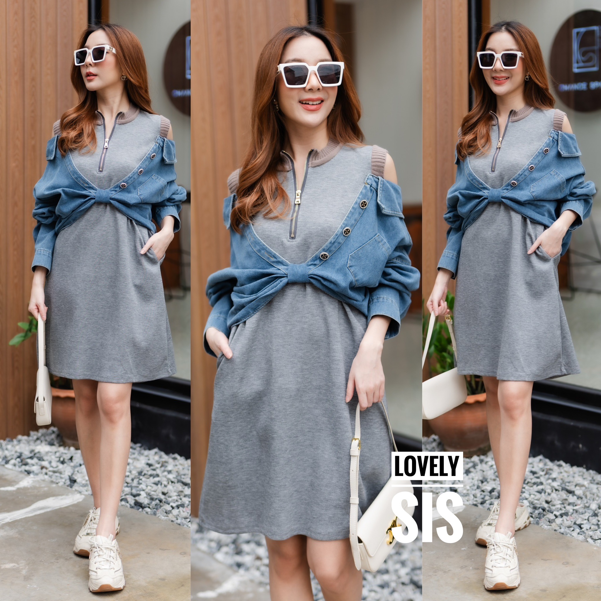 เดรสผ้ายืดเนื้อดีผ้านุ่มอย่างดี เย็บกุ๊นขอบ ผ้าไหมพรมช่วงคอและขอบแขน แต่งซิปรูด เย็บต่อผ้ายีนส์เหมือนใส่เสื้อคลุมแขนยาว ตัวนอก สินค้าคุณภาพ (พร้อมส่ง)