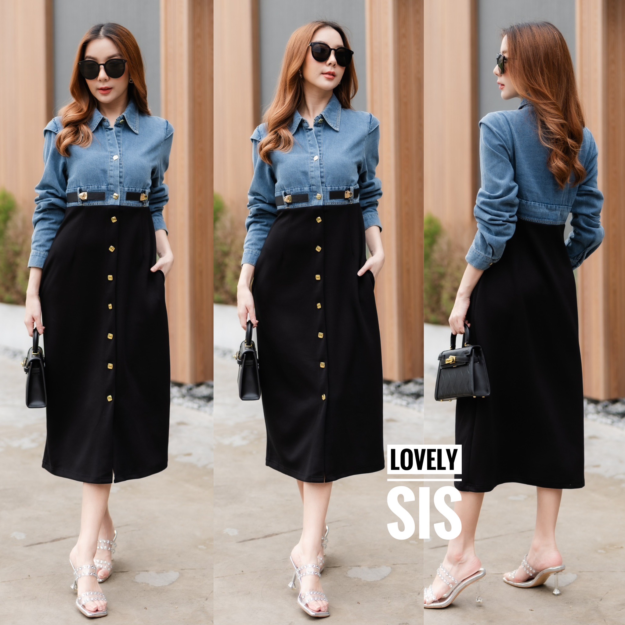 เดรสยีนส์แขนยาวงานคอปกแต่งกระดุม สีทองปั๊มโลโก้ด้านหน้าเรียง แกะออก ได้ทุกเม็ด แต่งอะไหล่เข็มขัดช่วงเอว สินค้าคุณภาพ (พร้อมส่ง)