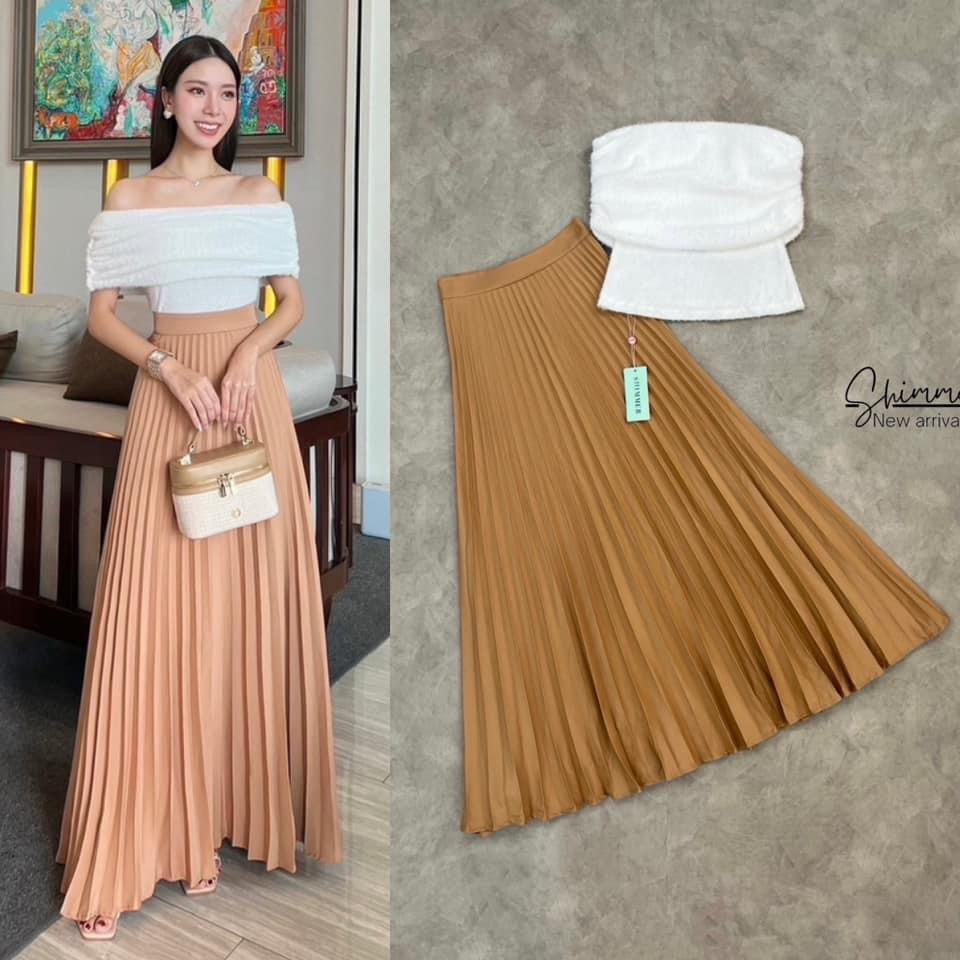 เซต้องเนื้อเปิดไหล่และกระโปรงยาวอัดพลีท ในโทนสีสุดคลาสสิค : สินค้าคุณภาพ (พร้อมส่ง)