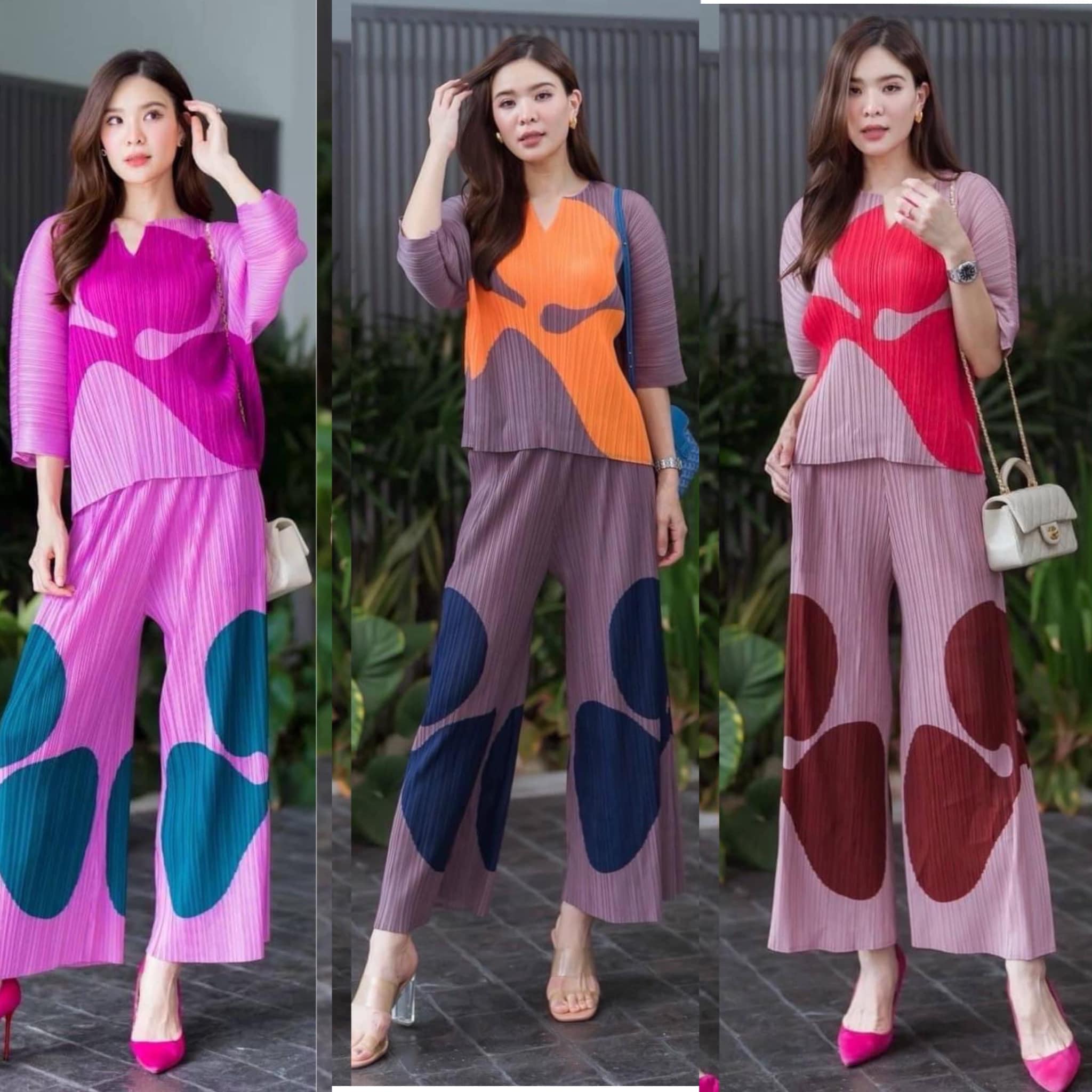 ชุดเซตผ้าอัดพลีทลอน เสื้อ+กางเกงขายาว เนื้อสวย ไฮโซววแบบงาน Brand ใส่สบาย สินค้าคุณภาพ (พร้อมส่ง)