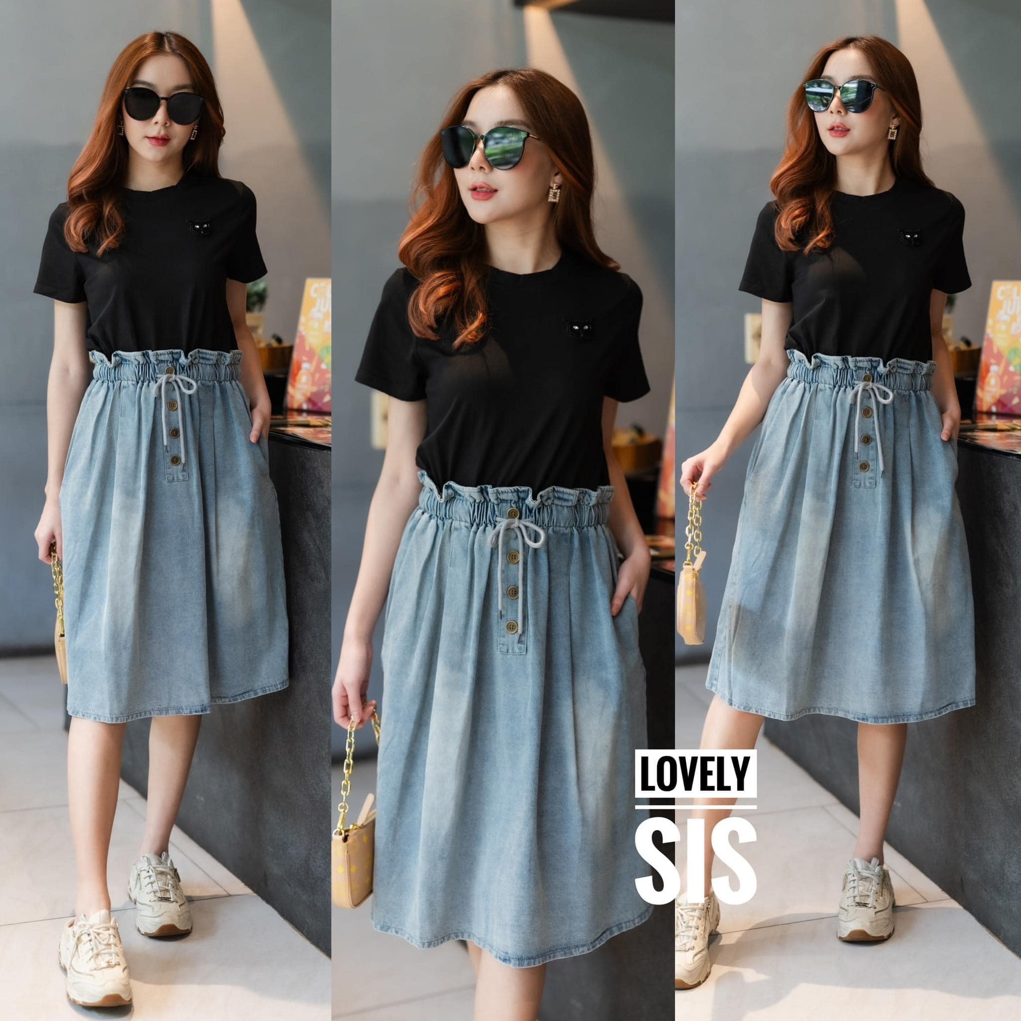 เดรสผ้ายืดคอกลมแขนสั้น เย็บอาร์มสีดำ แต่งอะไหล่เพชร ช่วงกระโปรงเป็นผ้ายีนส์ ฟอกนิ่ม เอวรูดสายได้ตามชอบ สินค้าคุณภาพ (พร้อมส่ง).