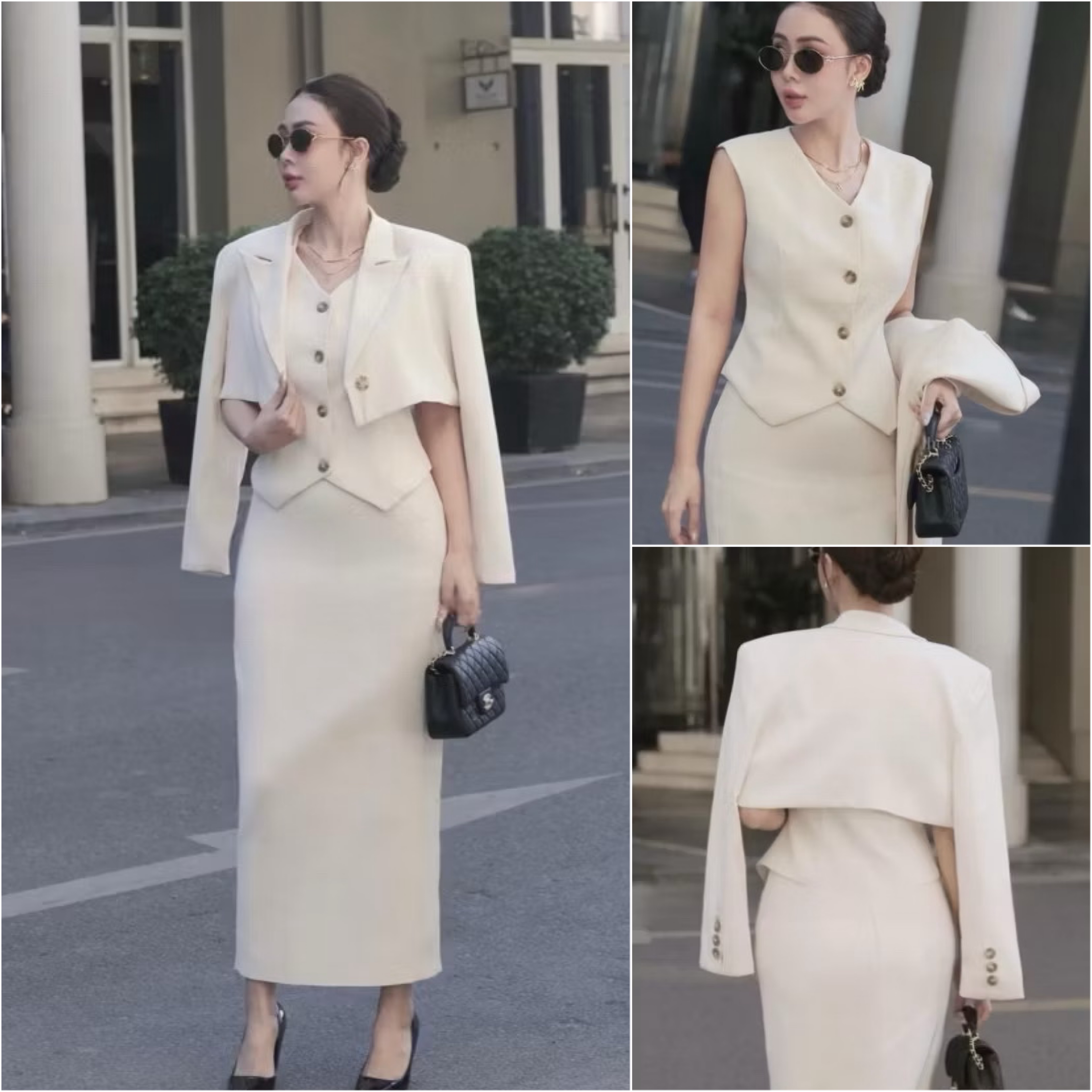 เซต3ชิ้น สีครีม เสื้อคลุมแขนยาวตัวสั้นมีกระดุมหน้า มาคู่กับเสื้อแขนกุดตัวในมีกระดุมหน้าเรียงยาว ดีไซน์สวย คุ้มสุดๆ มาพร้อมกับกระโปรงยาวทรงสอบ ใส่สบาย : สินค้าคุณภาพ (พร้อมส่ง)