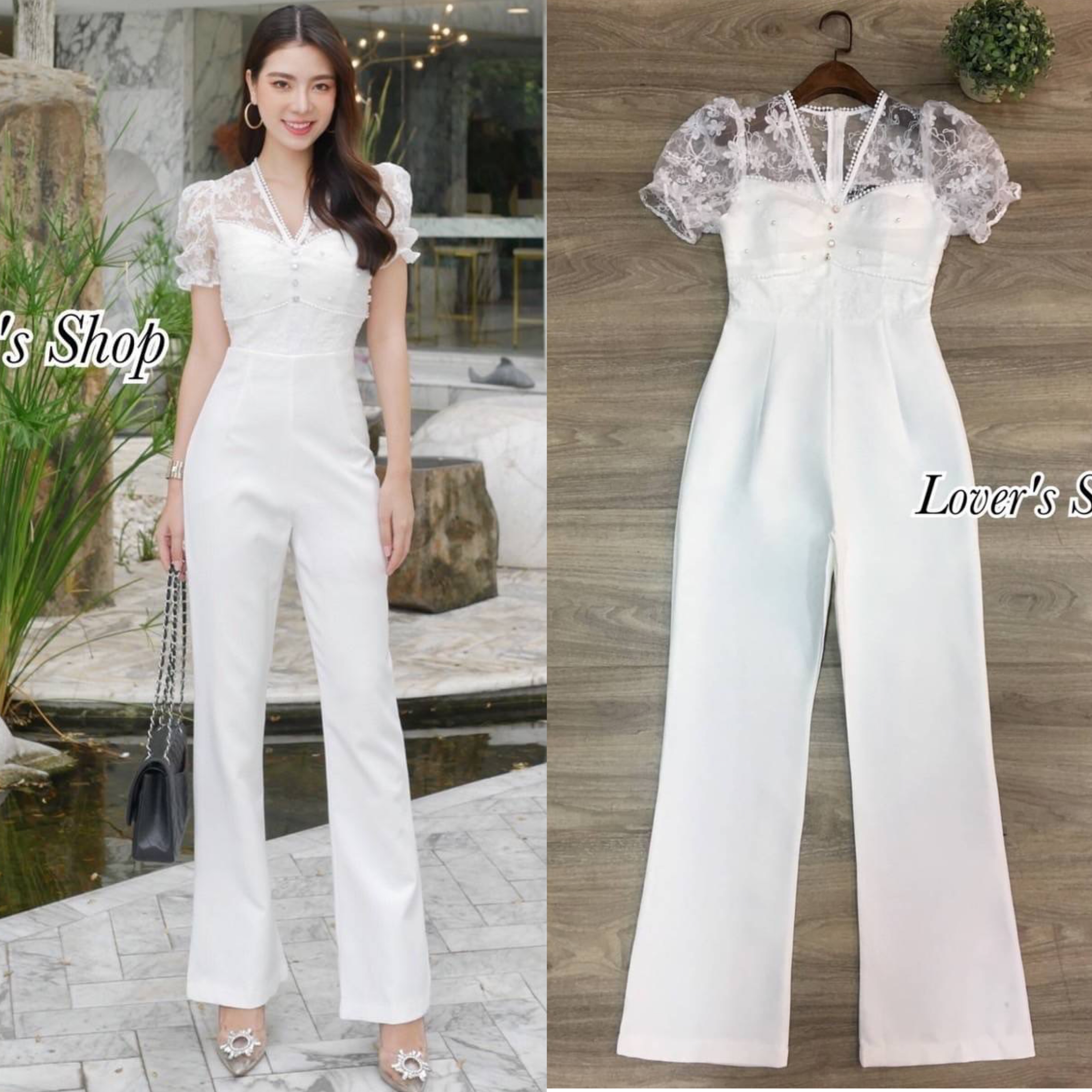 จั้มสูทกางเกงขายาว ผ้าลูกไม้ทอลาย แต่งมุข ช่วงอกเสริมฟองน้ำ เนื้อผ้าหนาเป็นทรงสวย เย็บมีซับในอย่างดี งานซิบหลังใส่ง่าย สินค้าคุณภาพ (พร้อมส่ง)