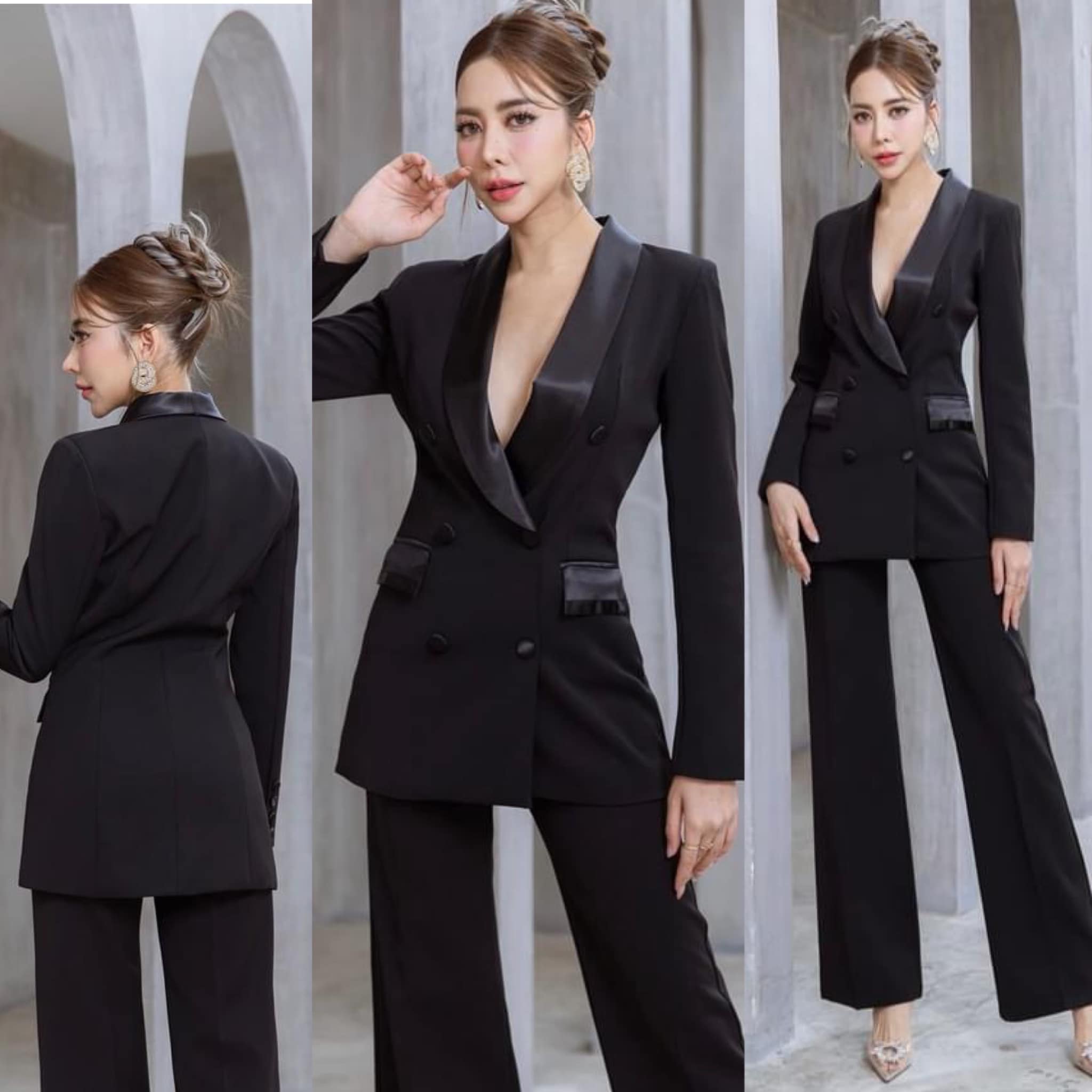 เซตสูทปกเลื่อม+กางเกงขาตรง เนื้อผ้าเกรดเอ เนื้อนุ่มเป็นทรงใส่สบาย สินค้าคุณภาพ (พร้อมส่ง)