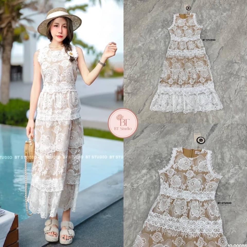 เดรสลูกไม้แขนกุดแต่งระบายติดขอบแต่งกุ้นเป็นชั้น ๆ งานด้านในมีซับสั้น ซิปหลัง งานลูกไม้สีขาวแต่งฉลุลายเนื้อผ้าดี ใส่สบาย : สินค้าคุณภาพ (พร้อมส่ง)