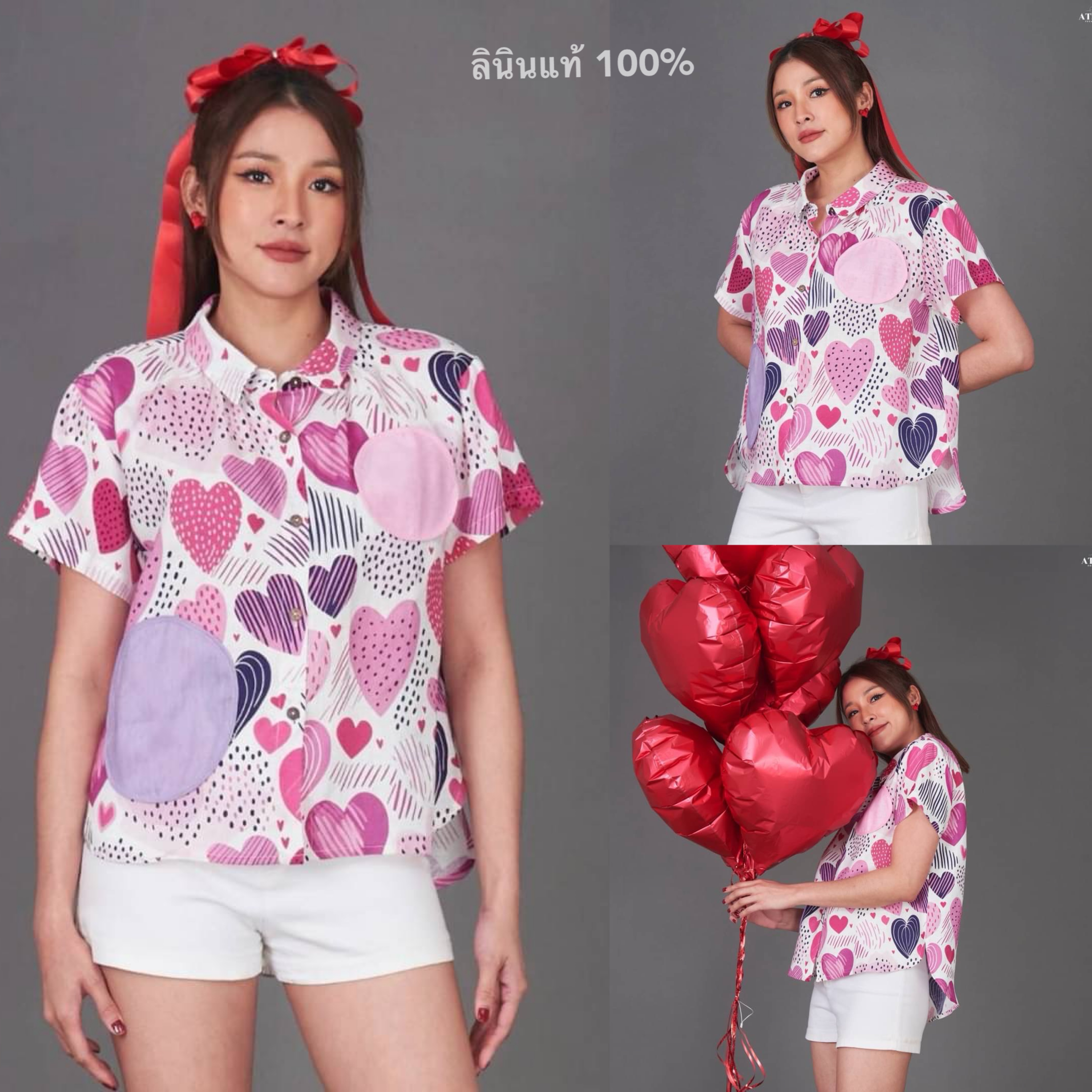 เสื้อเชิ้ต ลินินแท้ 100% ลายกราฟิก พร้อมกระเป๋าทรงกลมสุดเก๋ ใส่สบาย : สินค้าคุณภาพ (พร้อมส่ง)