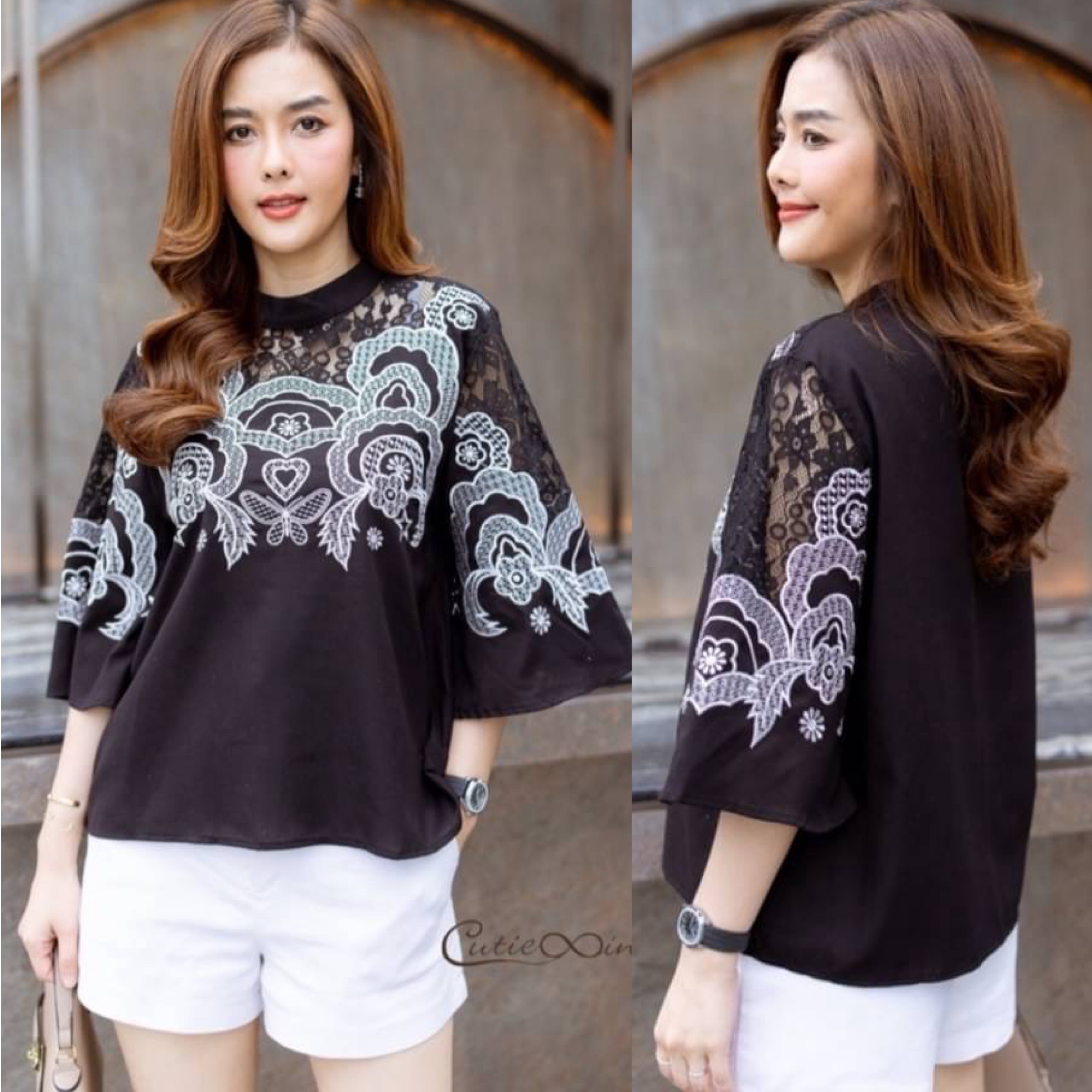 Cutie Minute เสื้อลินินผสมผ้าฝ้ายเกรดพรีเมี่ยม เนื้อผ้าขึ้นลายดีเทลงานแต่งด้วยผ้า ลูกไม้สวยงาม งานปักสวยงามอลังการ .ได้อย่างลงตัว ใส่สบาย : สินค้าคุณภาพ (พร้อมส่ง)