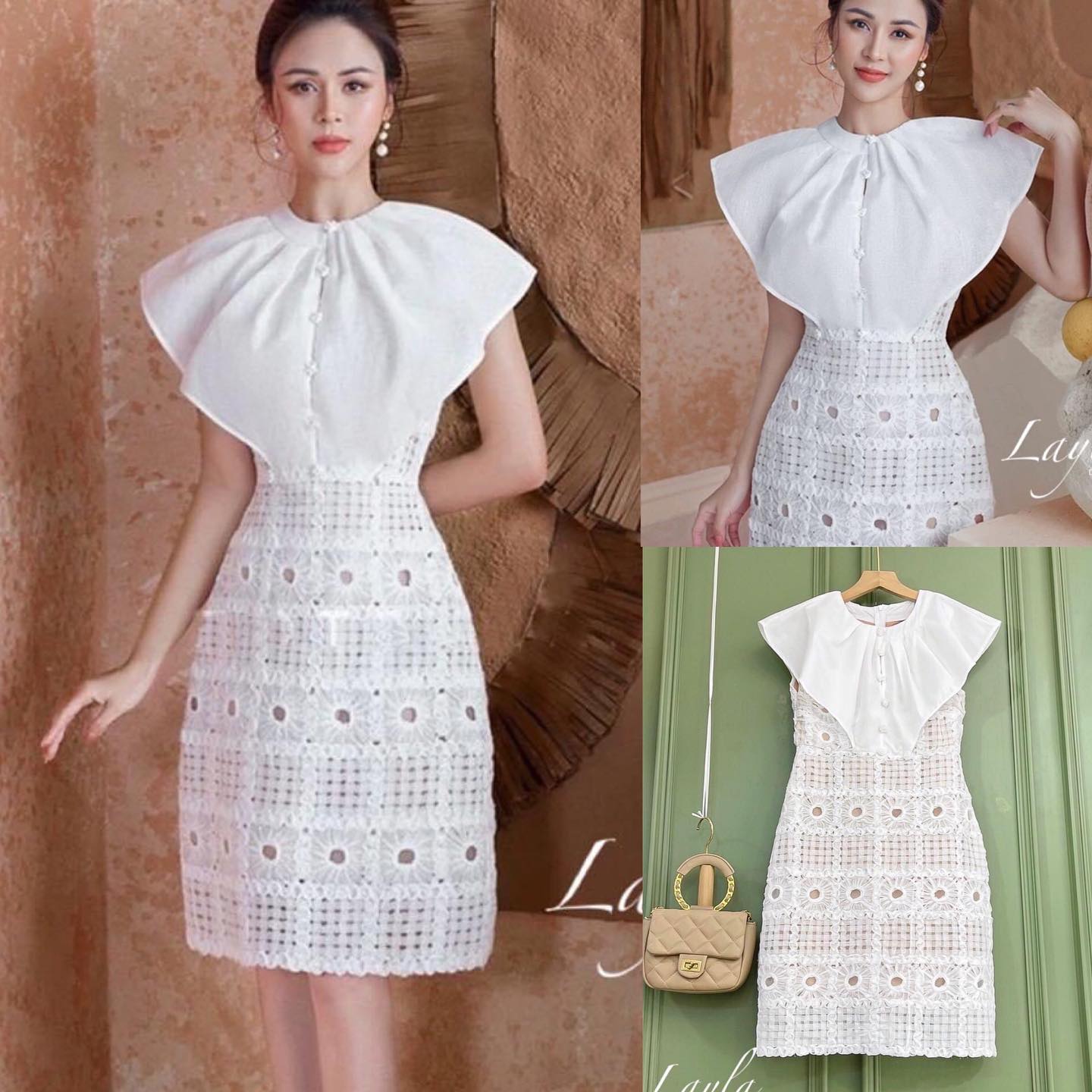 เดรสสุดหรูแขนกุดปกระบายใหญ่ ผ้าลูกไม้ เย็บขดลายตาราง สินค้าคุณภาพ (พร้อมส่ง)