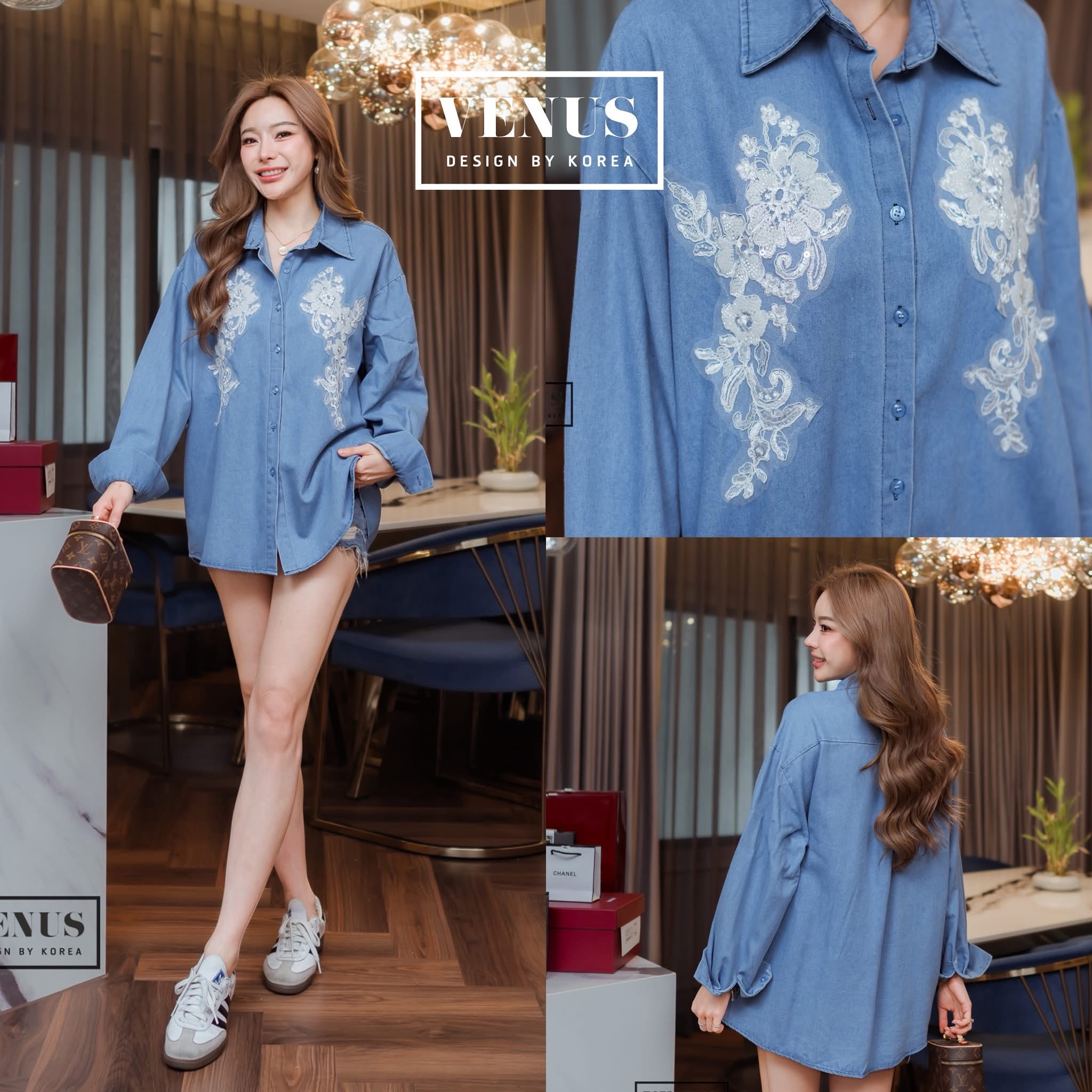 เสื้อเชิ๊ตผ้ายีนเนื้อดี แต่งลูกไม้ ใส่สบาย : สินค้าคุณภาพ (พร้อมส่ง)