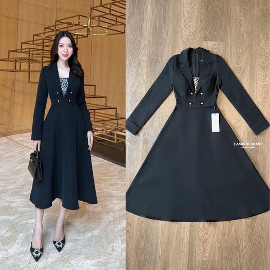 เดรสแขนยาวสีดำ คงามยาวกำลังสวย กลางหน้าแข้ง แต่งคอปกพร้อมแถบลูกไม้ ตรง กลางเป็นผ้าลูกไม้สีดำอัดกาวซ้อนซับใน ใส่สบาย สินค้าคุณภาพ (พร้อมส่ง)