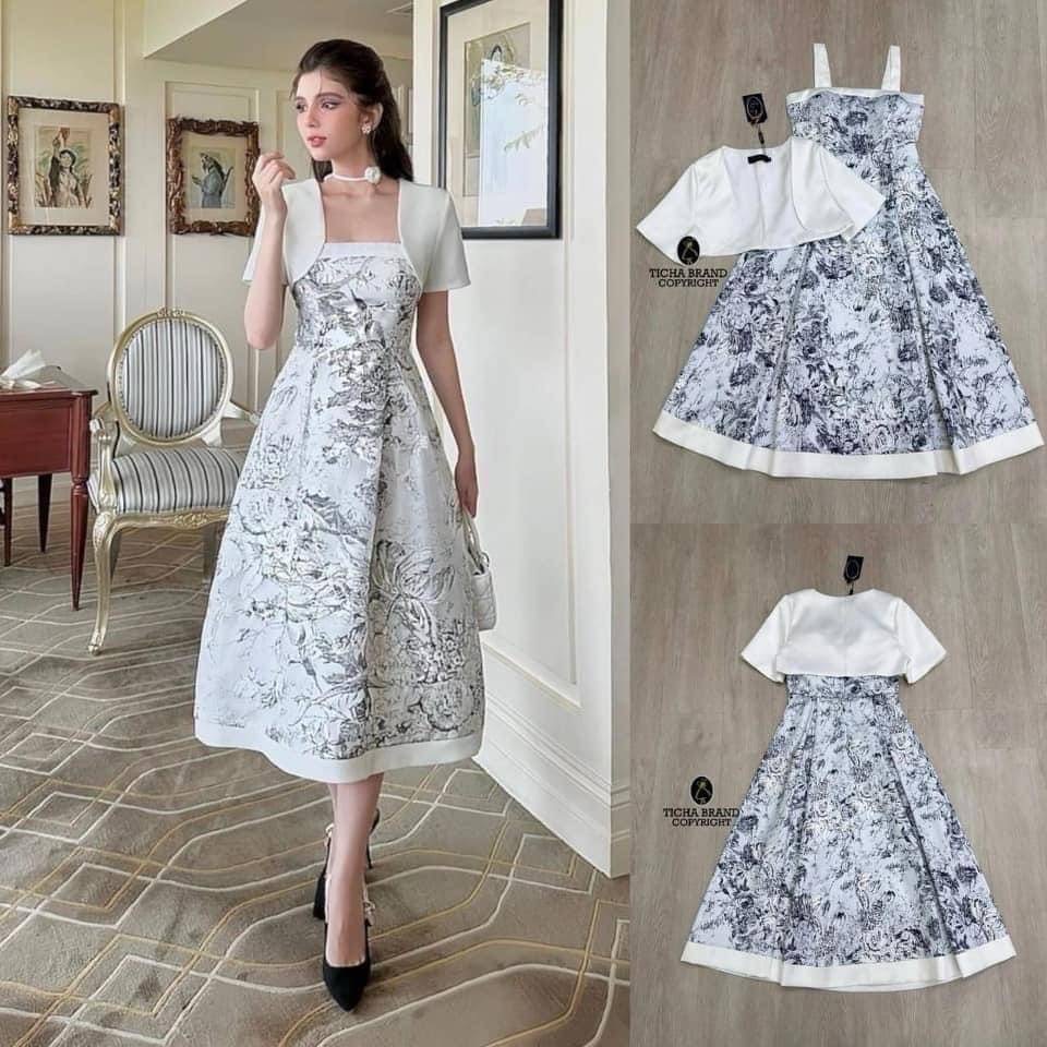 ชุดset2ชิ้น เดรสสายเดี่ยว พิมพ์ลายดอกไม้ แต่งกุ๊นขาว อกเย็บเสริมฟองน้ำ งานซิปหลัง +เสื้อคลุมไหล่ตัวสั้นดีไซน์น่ารักใส่สบาย สินค้าคุณภาพ (พร้อมส่ง)