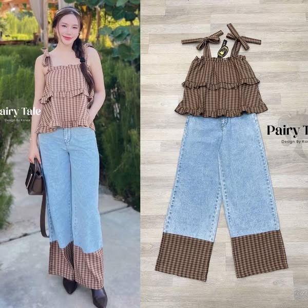 Set เสื้อผ้าลายสก็อตน้ำตาลปักลาย ไหล่ผูกโบว์แต่งระบาย2ชั้น แมตกางเกงยีนขายาวสีฟอกอ่อนปลายขาแต่งด้วยผ้าสก็อตตัวเดียวกับเสื้อ ใส่สบาย : สินค้าคุณภาพ (พร้อมส่ง)