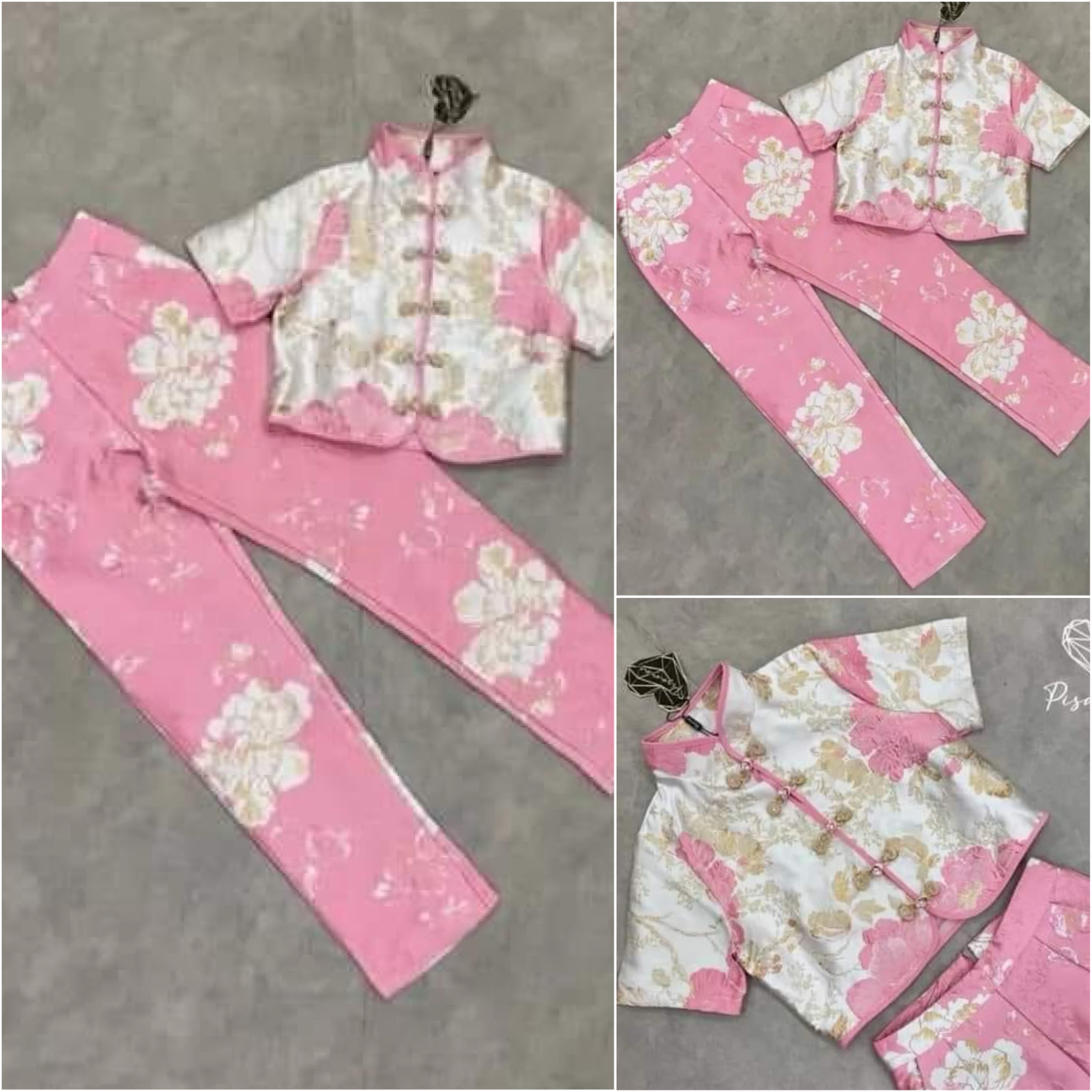 เซ็ตกี่เพ้า เสื้อคอจีนกี่เพ้ามาในงานผ้าทอทั้งตัวสีชมพู คู่กับกางเกงขายาวเข้าเซ็ต สินค้าคุณภาพ (พร้อมส่ง)
