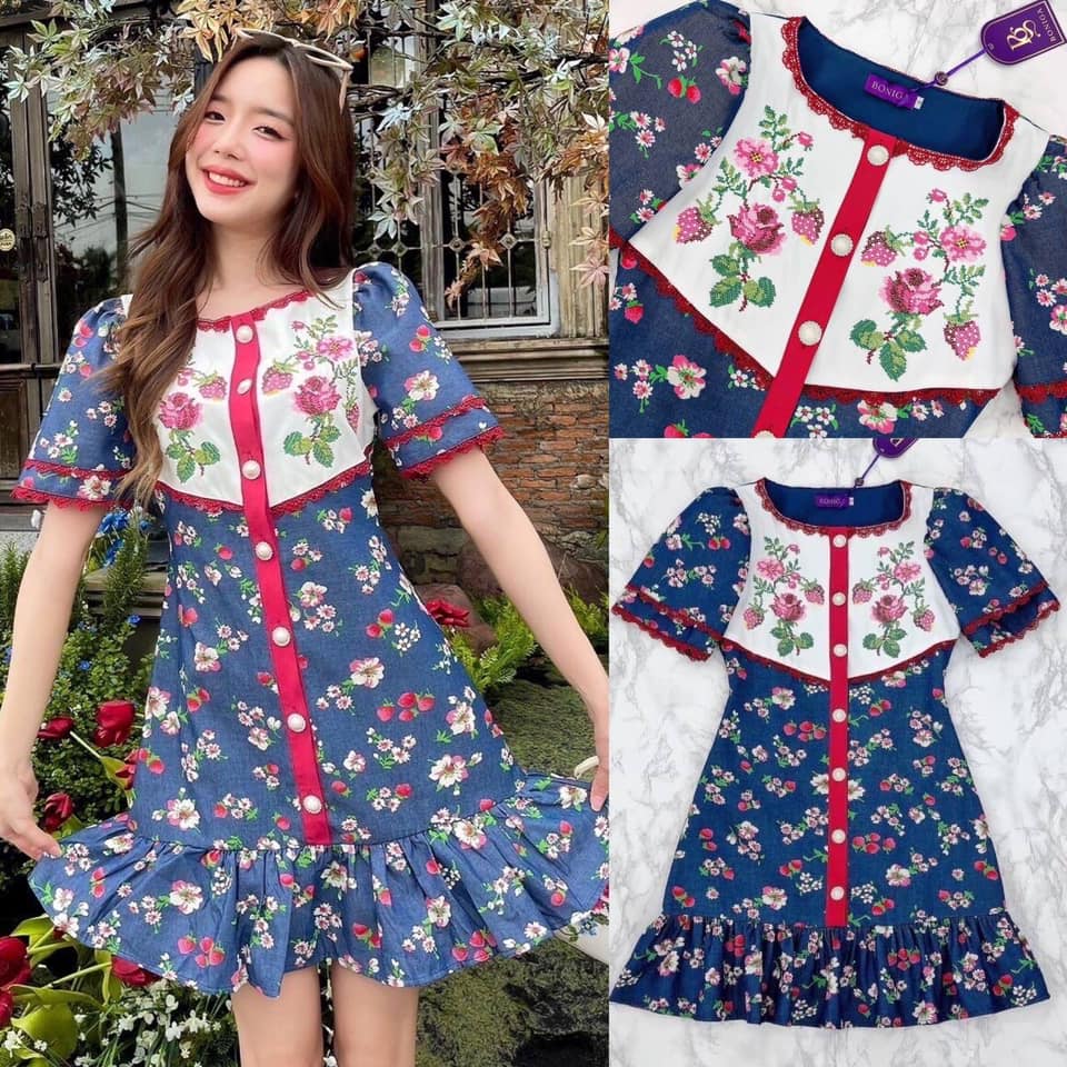 เดรสแขนสั้นตัวสั้น กรี๊ดดด!! ชุดนี้น่ารักมากแม่ เนื้อผ้ายีนส์พิมพ์ลายดอกไม้ ช่วงอกเป็นงานปัก รุ่นนี้งานสวยและผ้าดีมากๆ ใส่สบาย : สินค้าคุณภาพ (พร้อมส่ง)