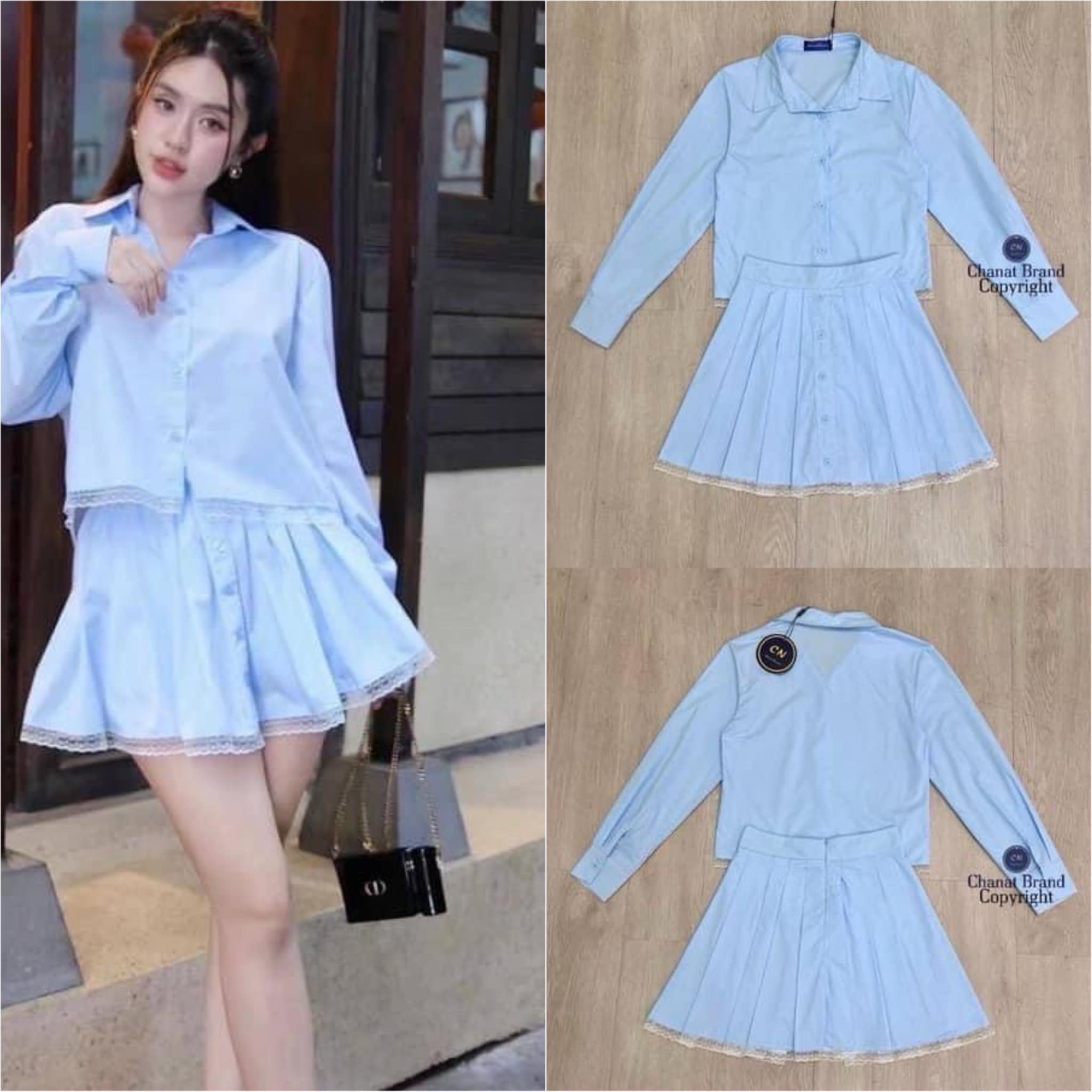 เซต2ชิ้น สีฟ้า เสื้อเชิ้ตแขนยาวมีกระดุมหน้าเรียงยาวดีไซส์ทรงovesize +กระโปรงจับจับรอบให้ทรงสวย ใส่สบาย สินค้าคุณภาพ (พร้อมส่ง)