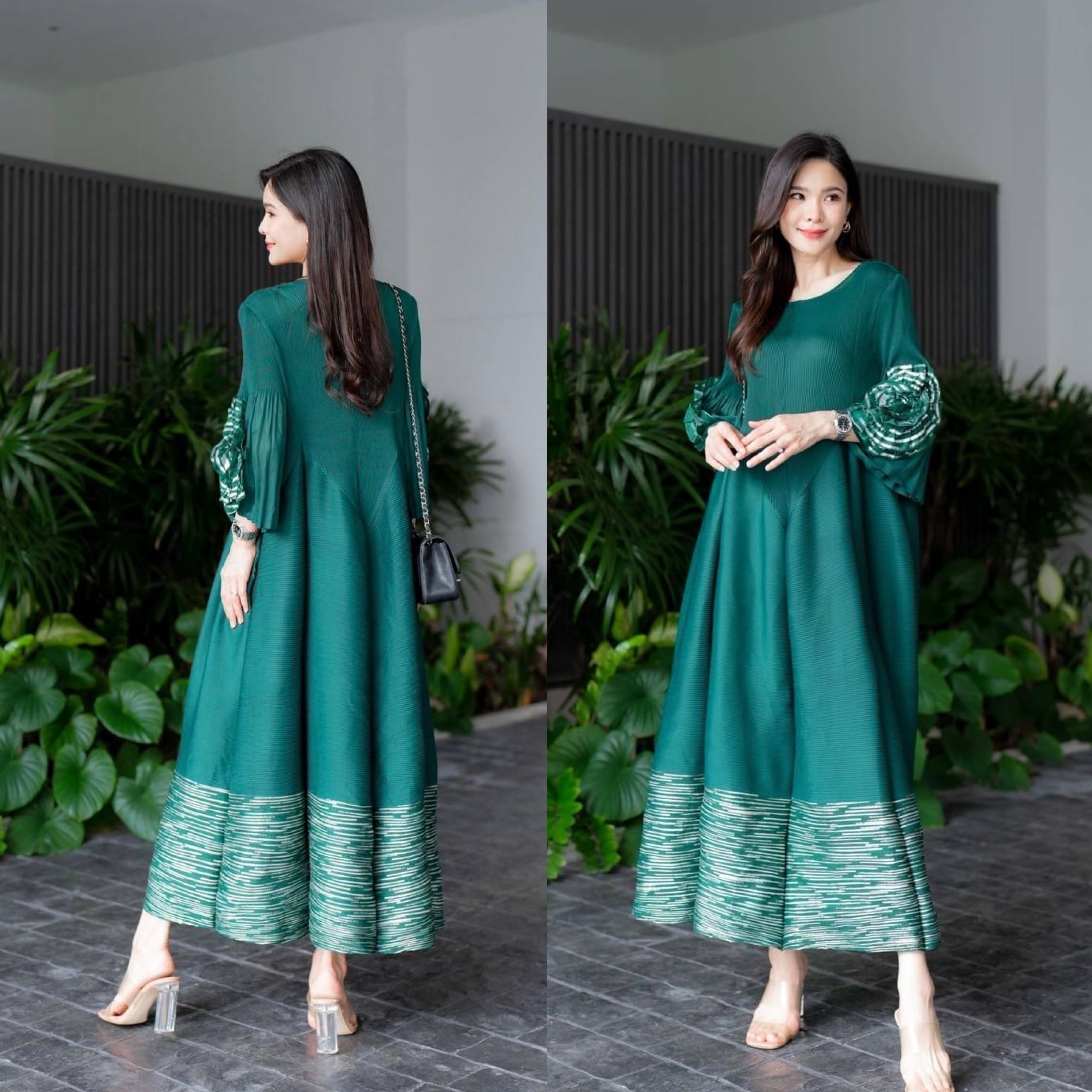 เดรสตัวยาวอัดพลีท คอกลม ทรงแขนตุ๊กตา แต่งพุ่มดอกกุหลาบชายแขน 🌹🌹เกรด Premium 👍🏻 ใส่สบาย : สินค้าคุณภาพ (พร้อมส่ง)