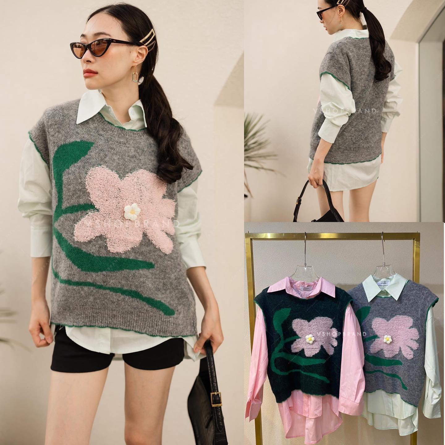 เซ็ตเสื้อเชิ้ต + เสื้อกั๊กไหมพรมแขนกุดขอบหยัก : สินค้าคุณภาพ (พร้อมส่ง)