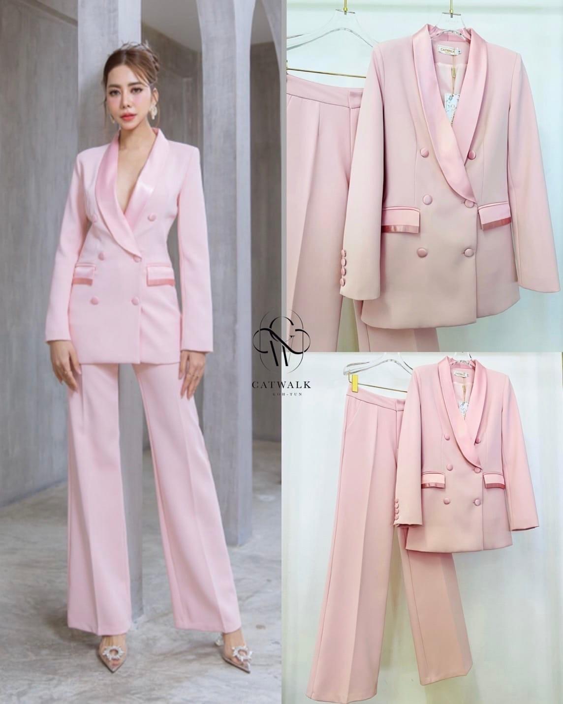 เซตสูทปกเลื่อม+กางเกงขาตรง เนื้อผ้าเกรดเอ เนื้อนุ่มเป็นทรงใส่สบาย สินค้าคุณภาพ (พร้อมส่ง)