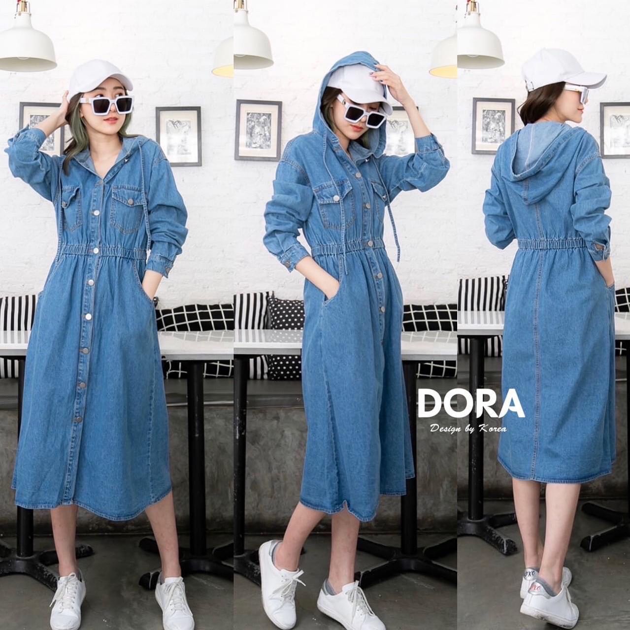 Dress jeans มีฮูดกระดุมหน้า ชุดใส่ได้ได้หลายแบบ จะใส่ เป็นคลุมตัวยาวก็เก๋ . สินค้าคุณภาพ (พร้อมส่ง)