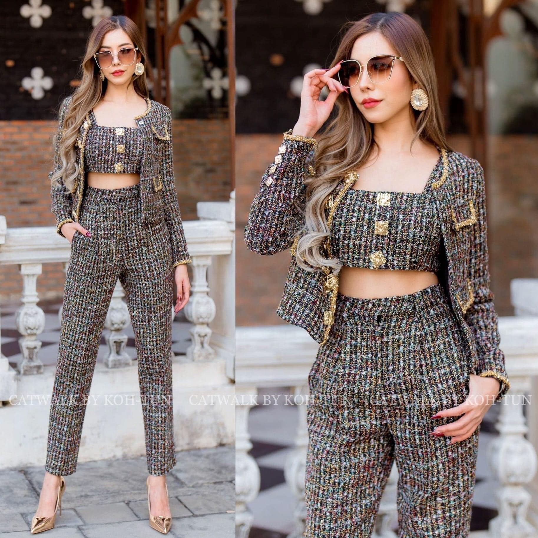 เซตผ้าทวีต 3 ชิ้น เสื้อครอป+เสื้อคลุม+ กางเกง เนื้อผ้าทวีตเกรดเอ สินค้าคุณภาพ (พร้อมส่ง)