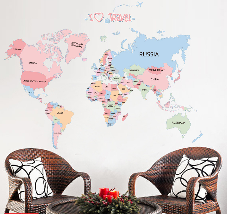 สติ๊กเกอร์แต่งห้อง DIY รูปแผนที่โลก I ♥ Travel ลอกออกแล้วติดซ้ำได้