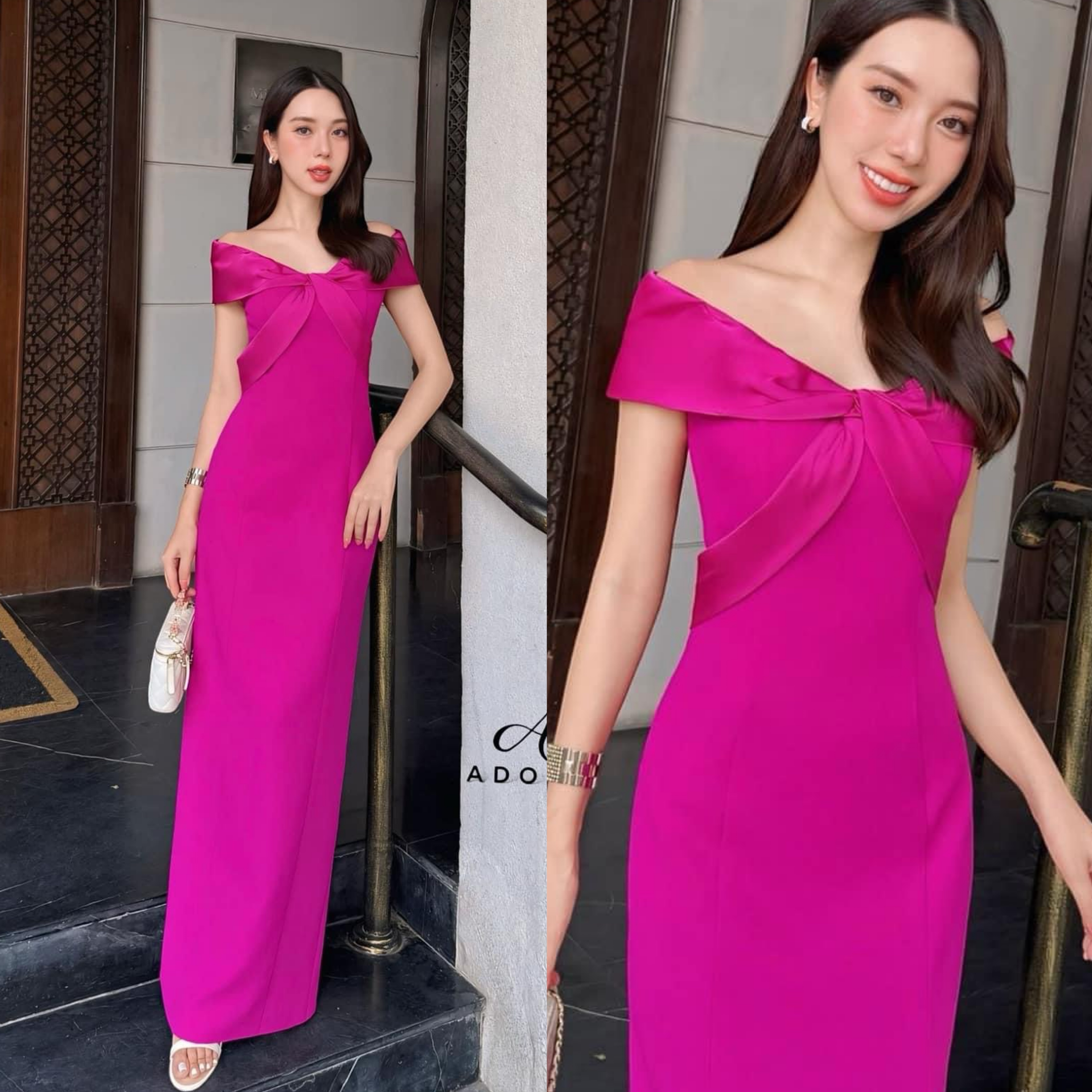 เดรสปาดไหล่ช่วงอกตัดต่อผ้าดีไซน์ไขว้อก เสริมฟองน้ำ ตัวเดรสใช้เนื้อผ้าเกรดพรีเมี่ยมทั้งตัว ดีไซน์กระโปรงทรงสอบยาว ผ่าหลัง งานมีซับใน ใส่สบาย : สินค้าคุณภาพ (พร้อมส่ง)