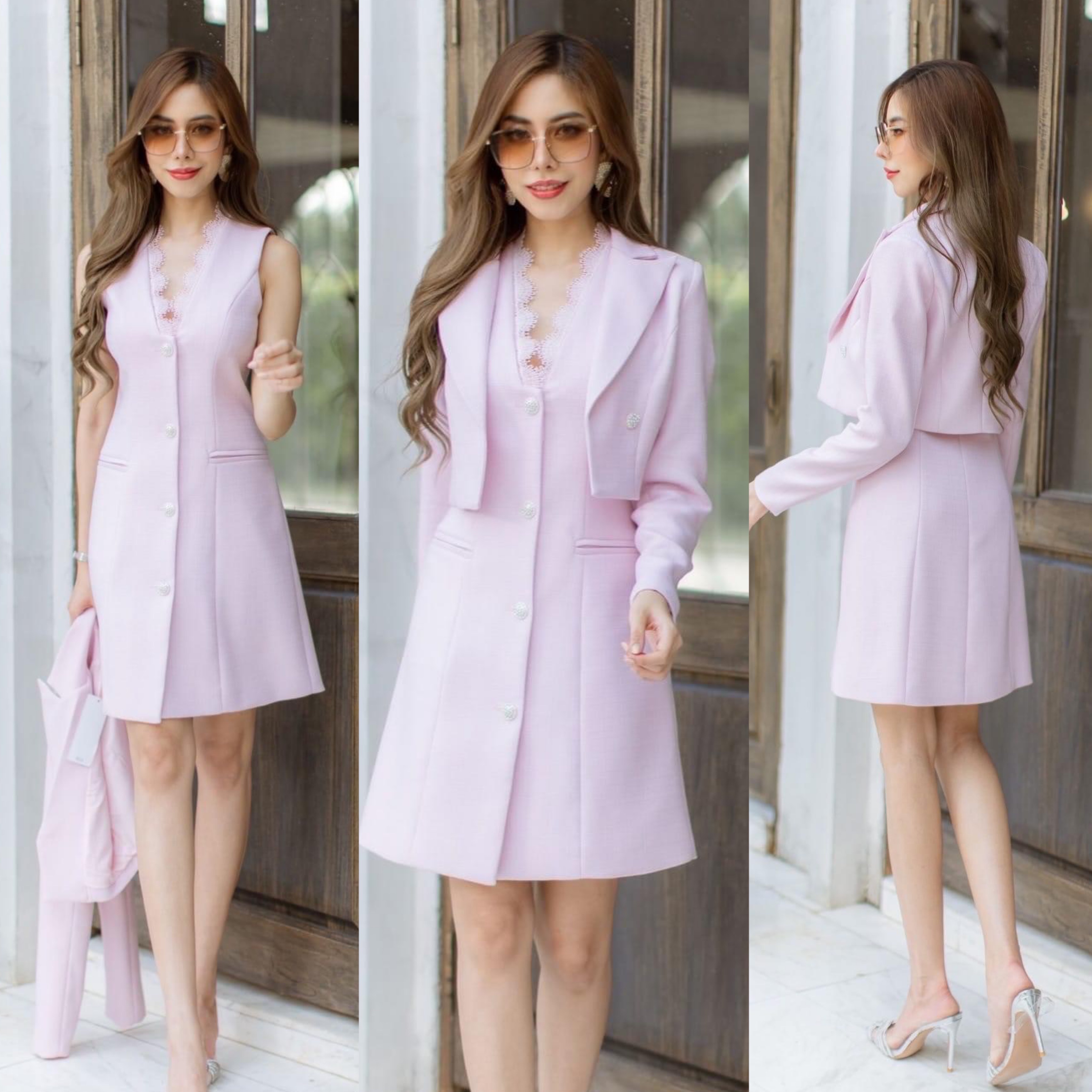 เซตเสื้อแจ็คเก็ต+เดรสคอวีแต่งลูกไม้ เนื้อผ้าทอเกรดเอ สินค้าคุณภาพ (พร้อมส่ง)