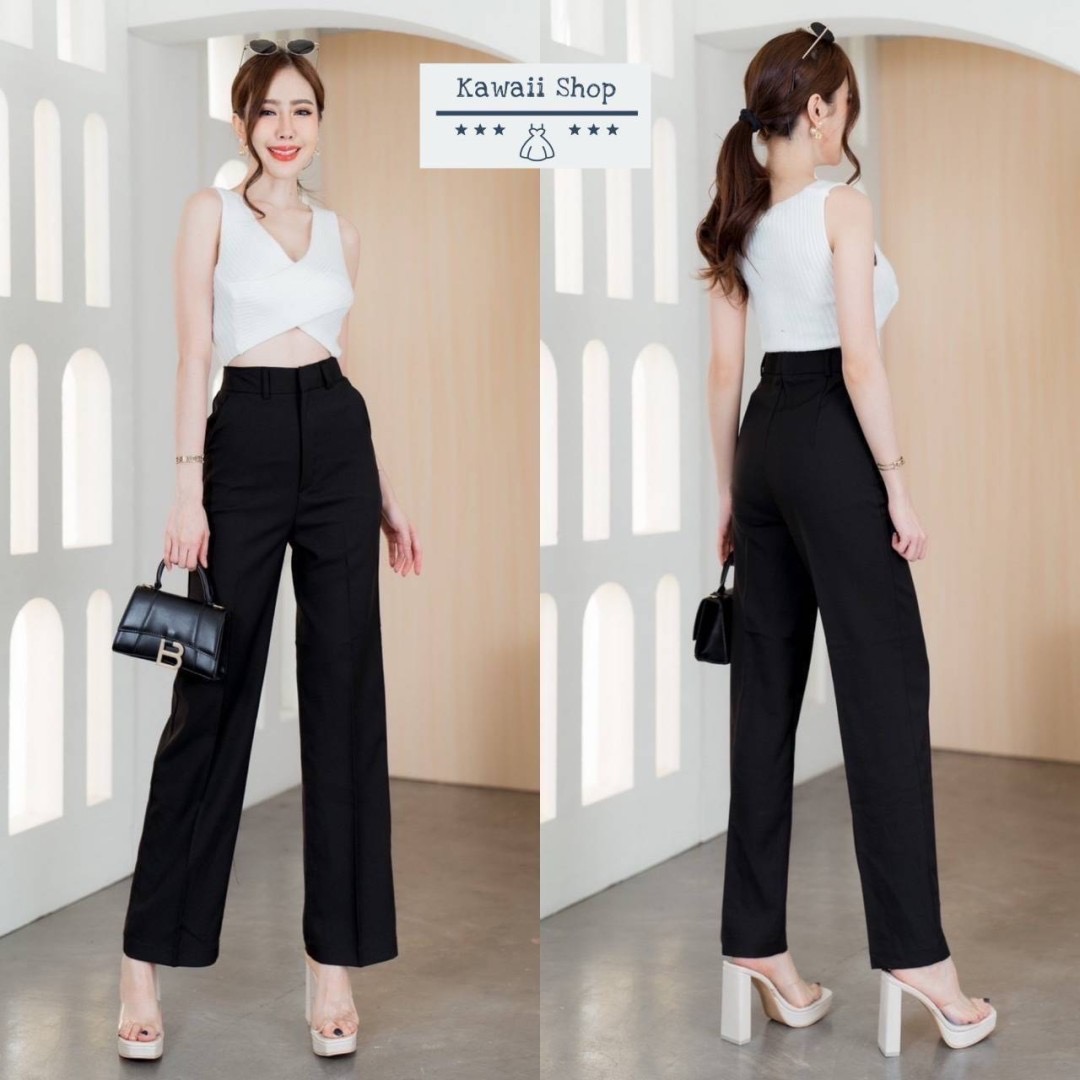 กางเกง*ขากระบอกกลาง ติดตะขอซิปหน้า มีกระเป๋าข้าง ผ้าโซดา ใส่สบาย : สินค้าคุณภาพ (พร้อมส่ง)