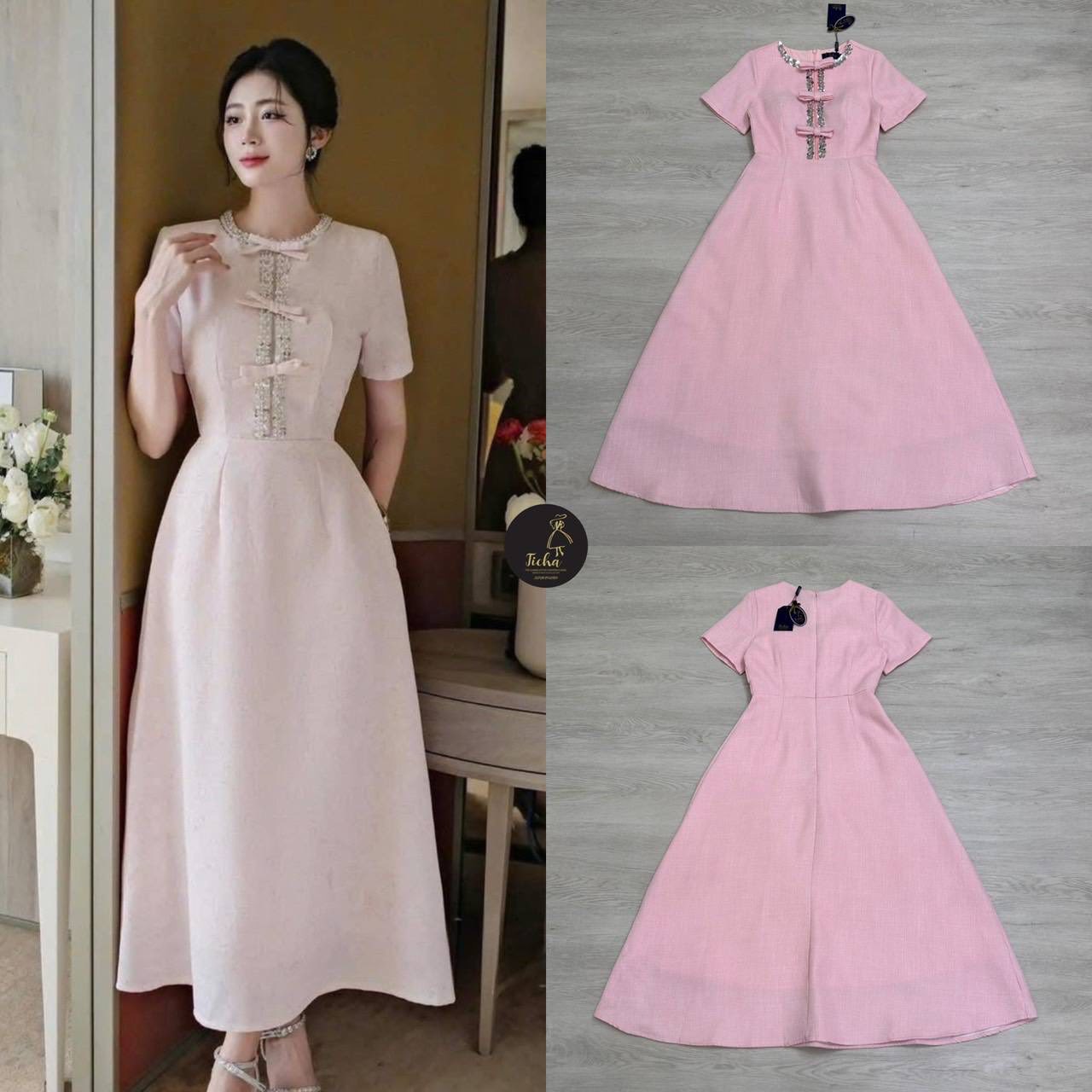 เดรสคลุมเข่าแขนสั้น คอกลม ดีเทลแต่งกิตเตอร์ช่วงคอและกลางลำตัวบน แต่งโบว์เหย็บติดเรียงกันสามอัน อกเสริมฟองน้ำ เอวเข้ารูป ตัวกระโปรงบานออก ใส่สบาย : สินค้าคุณภาพ (พร้อมส่ง)