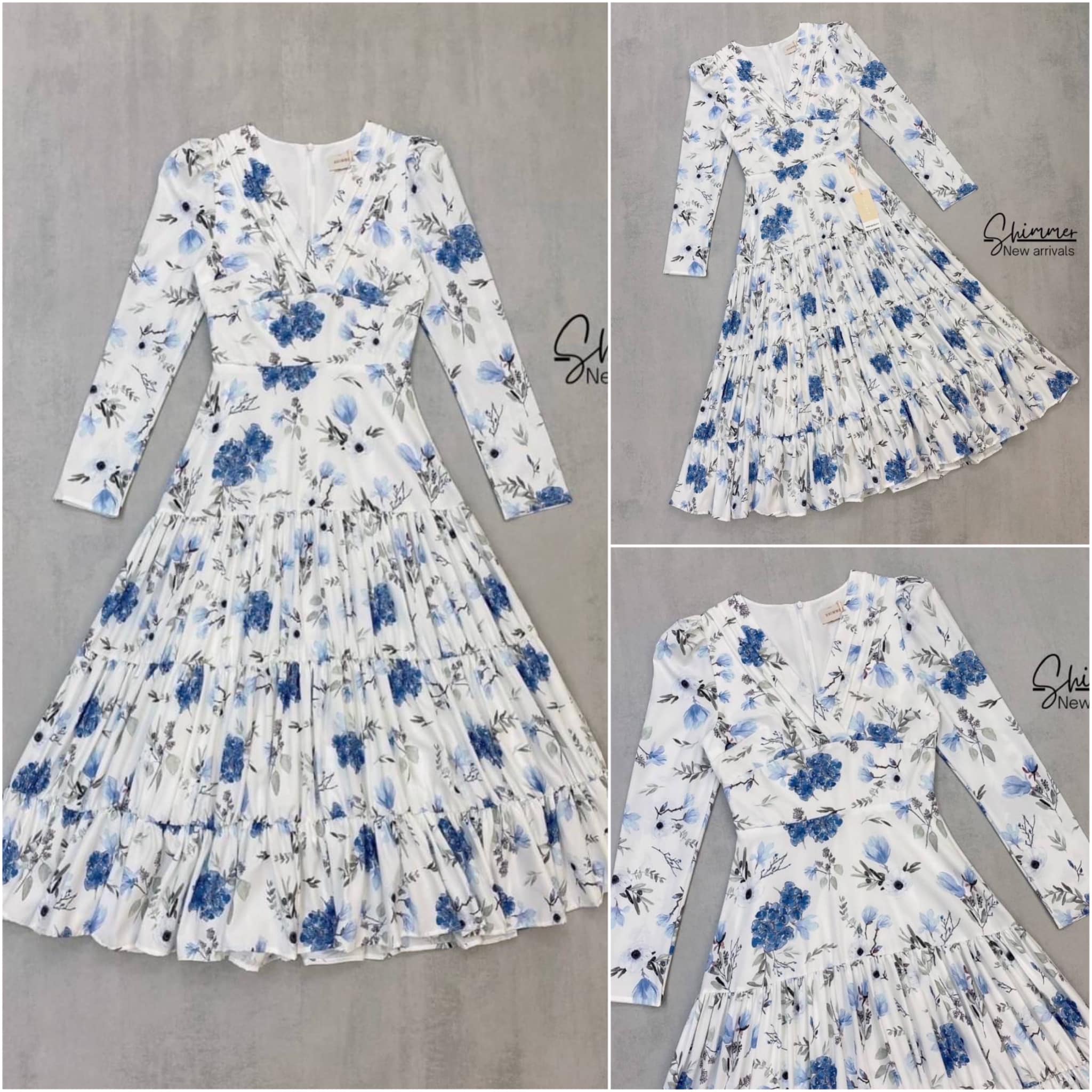 เดรสคอวีแขนยาว เนื้อผ้าคอตตอน พิมพ์ลายดอกไม้สวยคลาสสิค สินค้าคุณภาพ (พรอมส่ง)