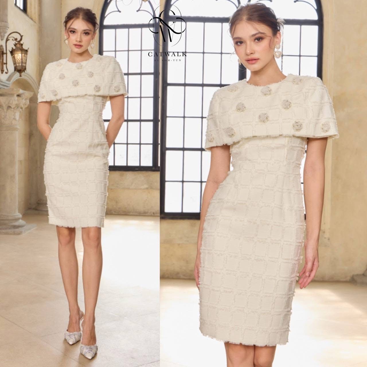 เดรสผ้าทอคลุมไหล่แต่ดอกไม้ เนื้อผ้าทอลายตารางเกรดเอ เนื้อนุ่มใส่สบาย ตัวชุดเป็นทรงเข้ารูป ใส่สบาย : สินค้าคุณภาพ (พร้อมส่ง)